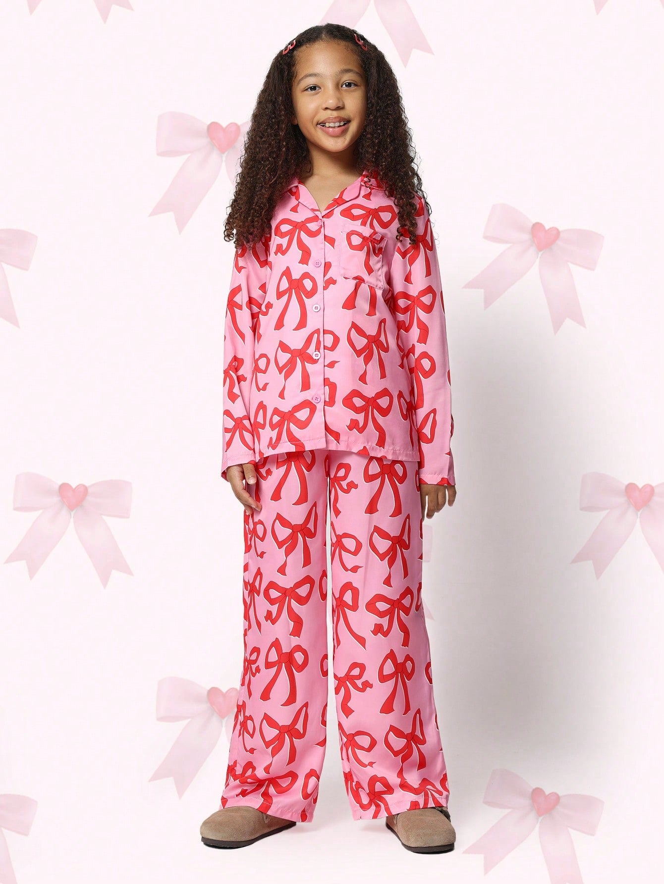 Tween Girls Bow Printed Christmas Satin Pajama 2 Piece Set