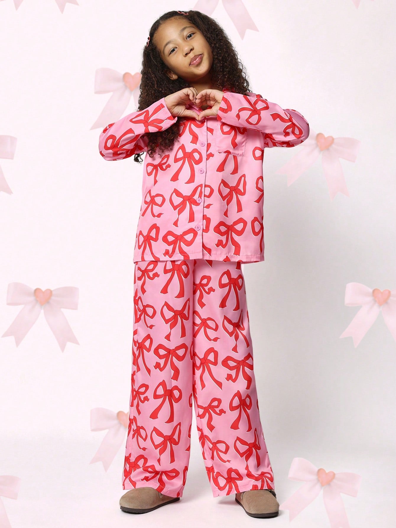 Tween Girls Bow Printed Christmas Satin Pajama 2 Piece Set