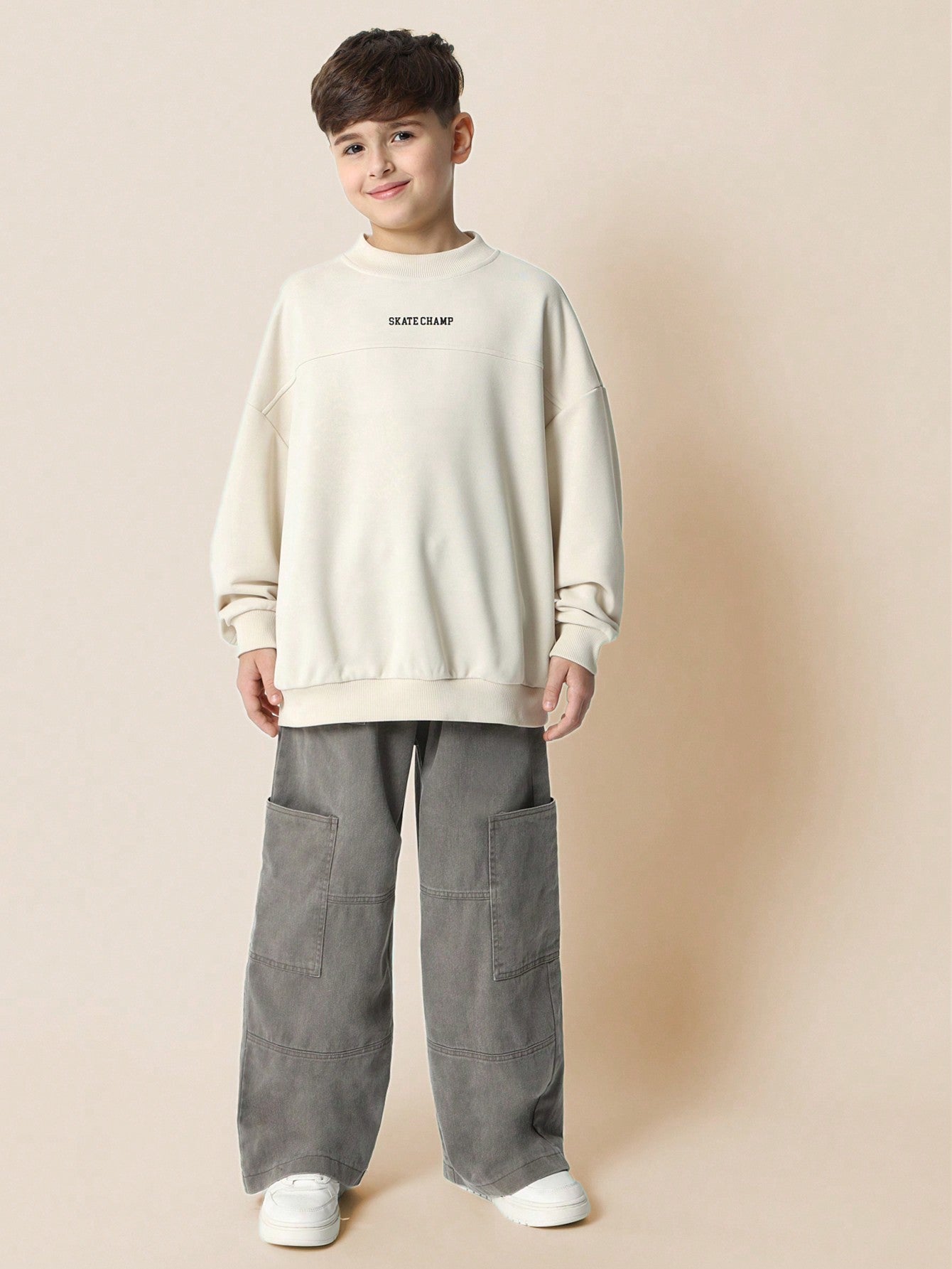 Tween Boys Daily Wear Crew Neck Skate Champ Sweatshirt And Washed Cargo Pant 2 Piece Set