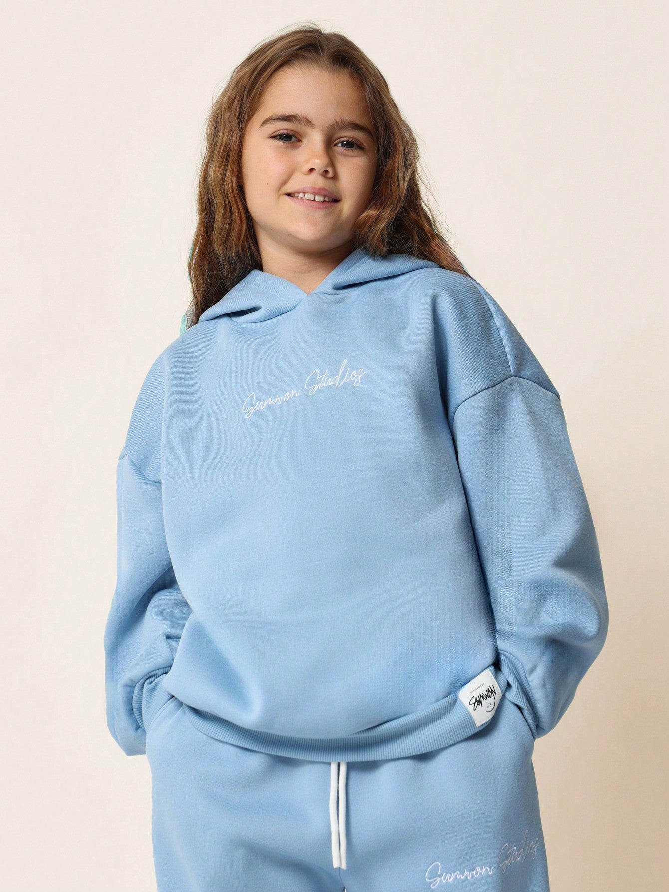 Tween Girls Comfy Overhead Hoodie & Wide Leg Sweatpants With Embroidery Script 2 Piece Set