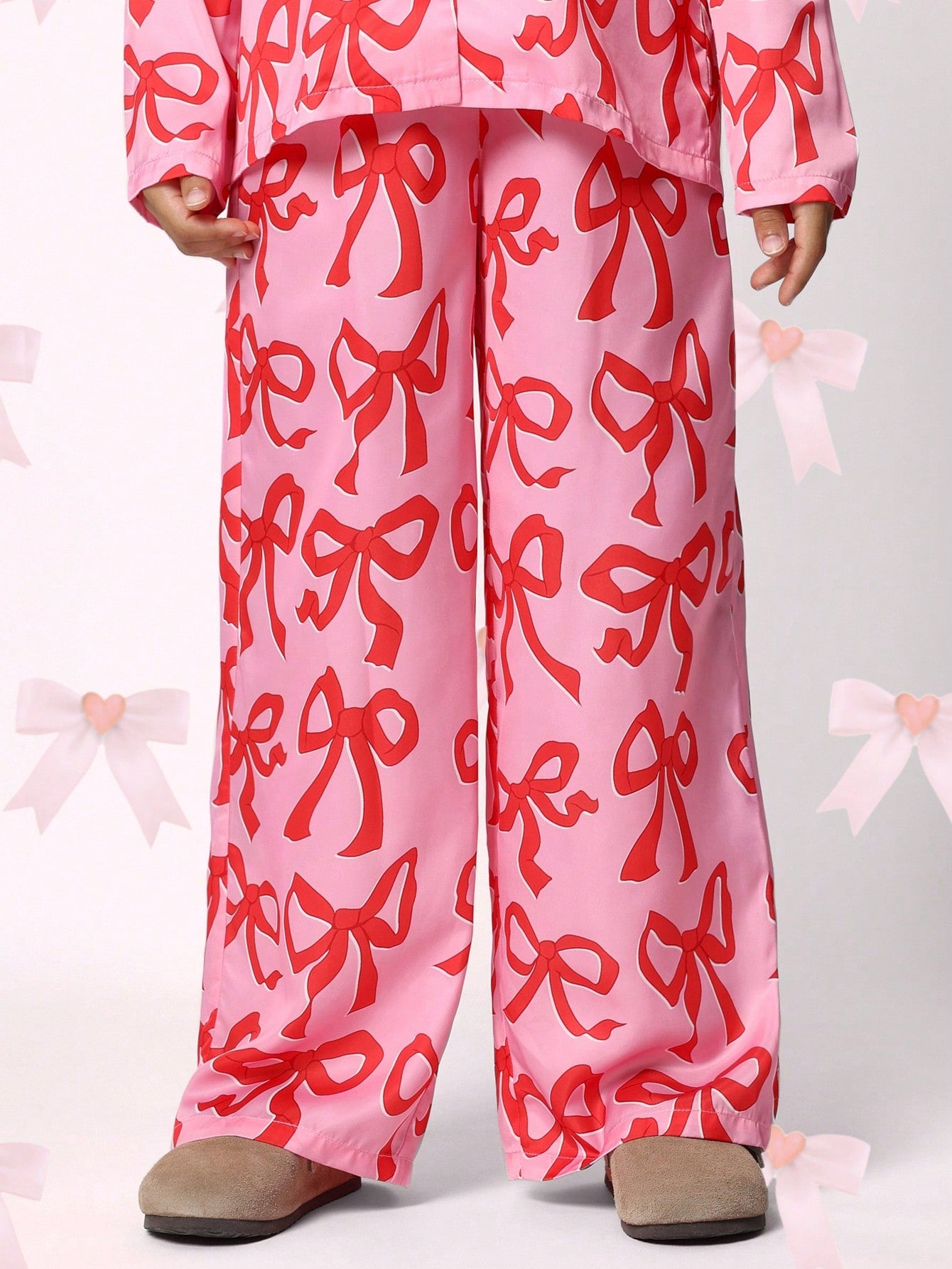 Tween Girls Bow Printed Christmas Satin Pajama 2 Piece Set