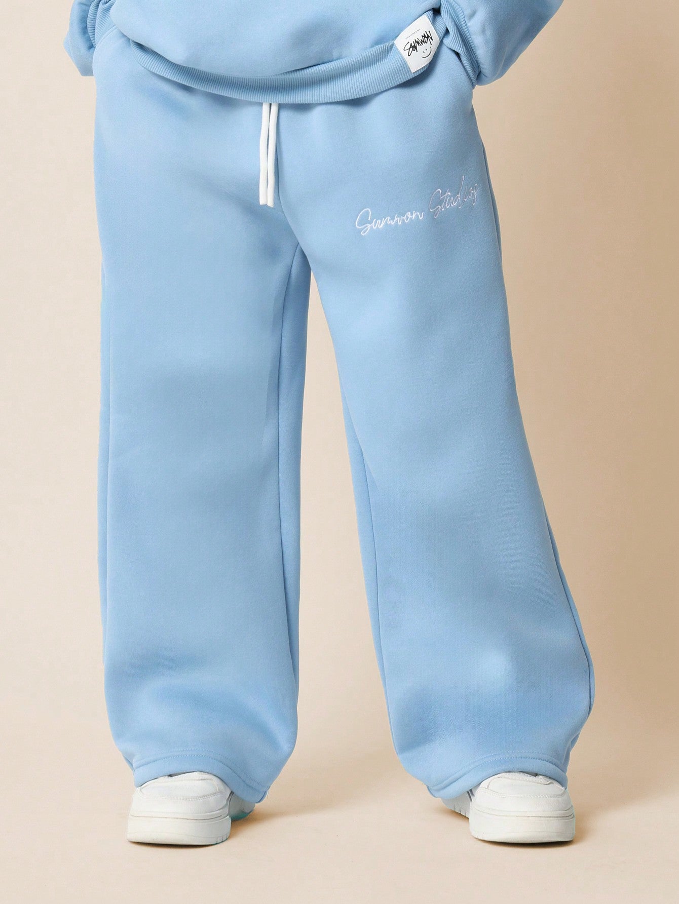 Tween Girls Comfy Overhead Hoodie & Wide Leg Sweatpants With Embroidery Script 2 Piece Set