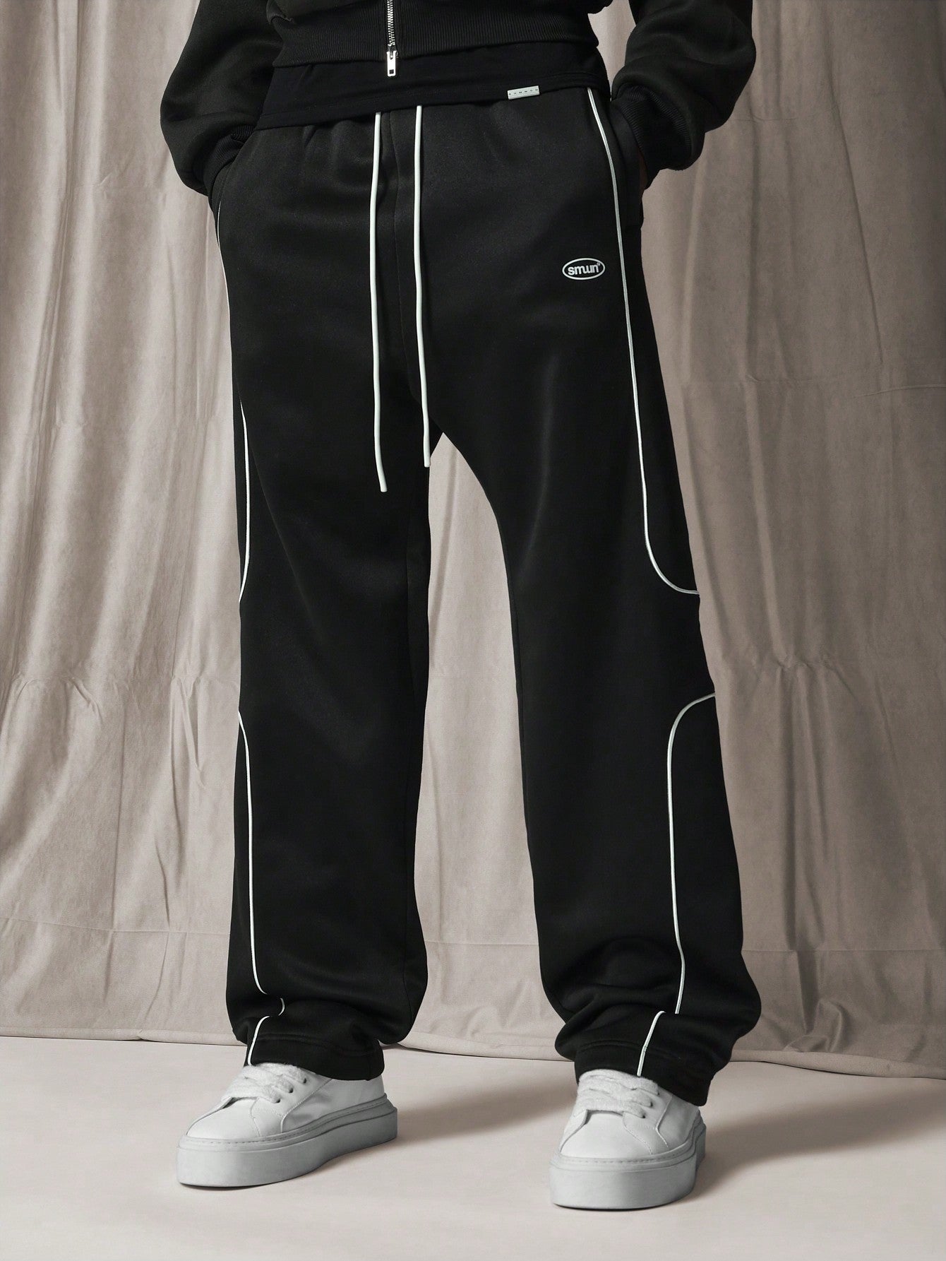 Straight Fit Drop Crotch Sweatpants With Small Graphic Print, Piping & Drawstring