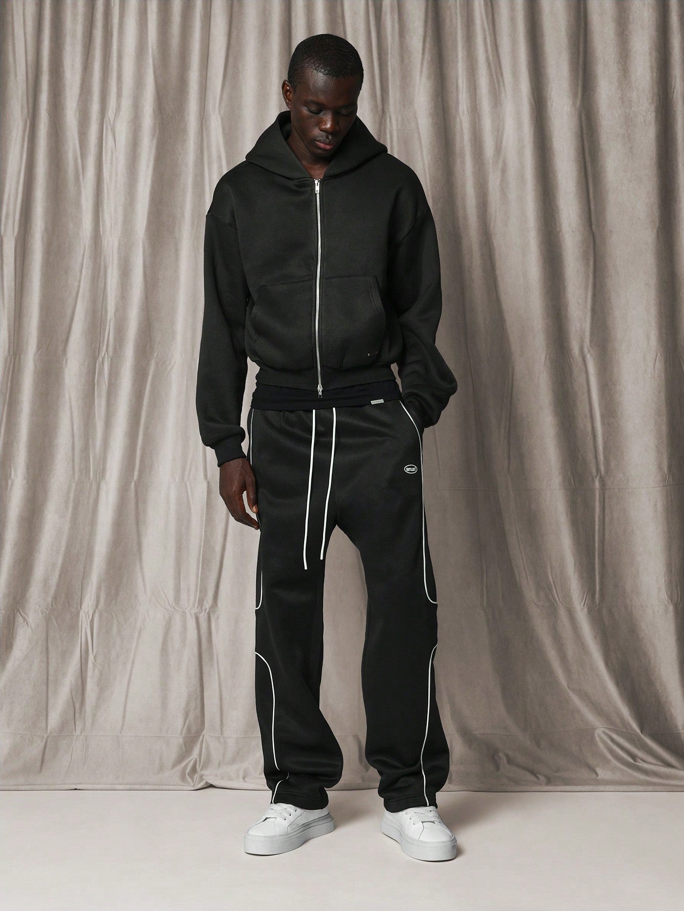 Straight Fit Drop Crotch Sweatpants With Small Graphic Print, Piping & Drawstring