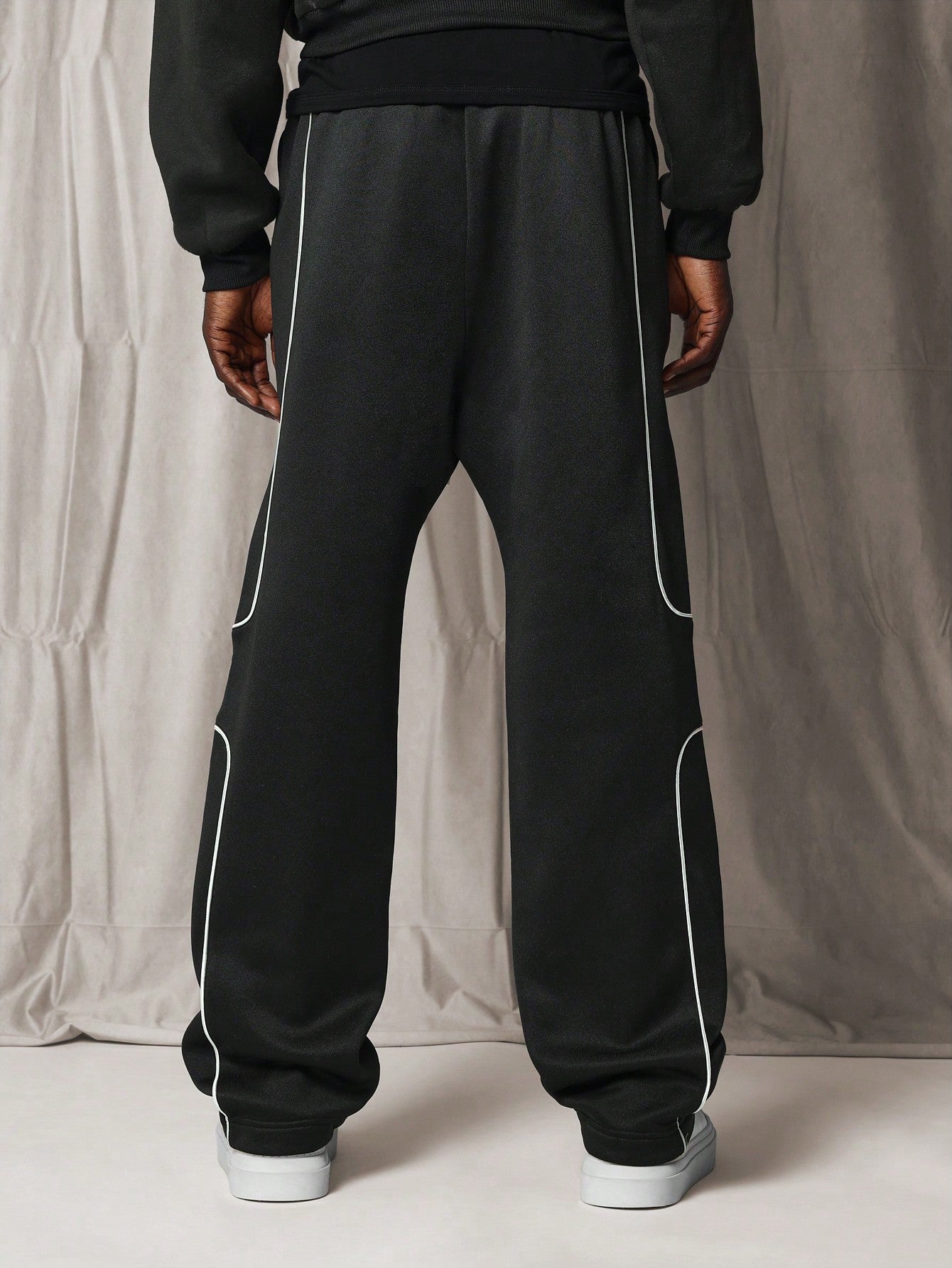 Straight Fit Drop Crotch Sweatpants With Small Graphic Print, Piping & Drawstring