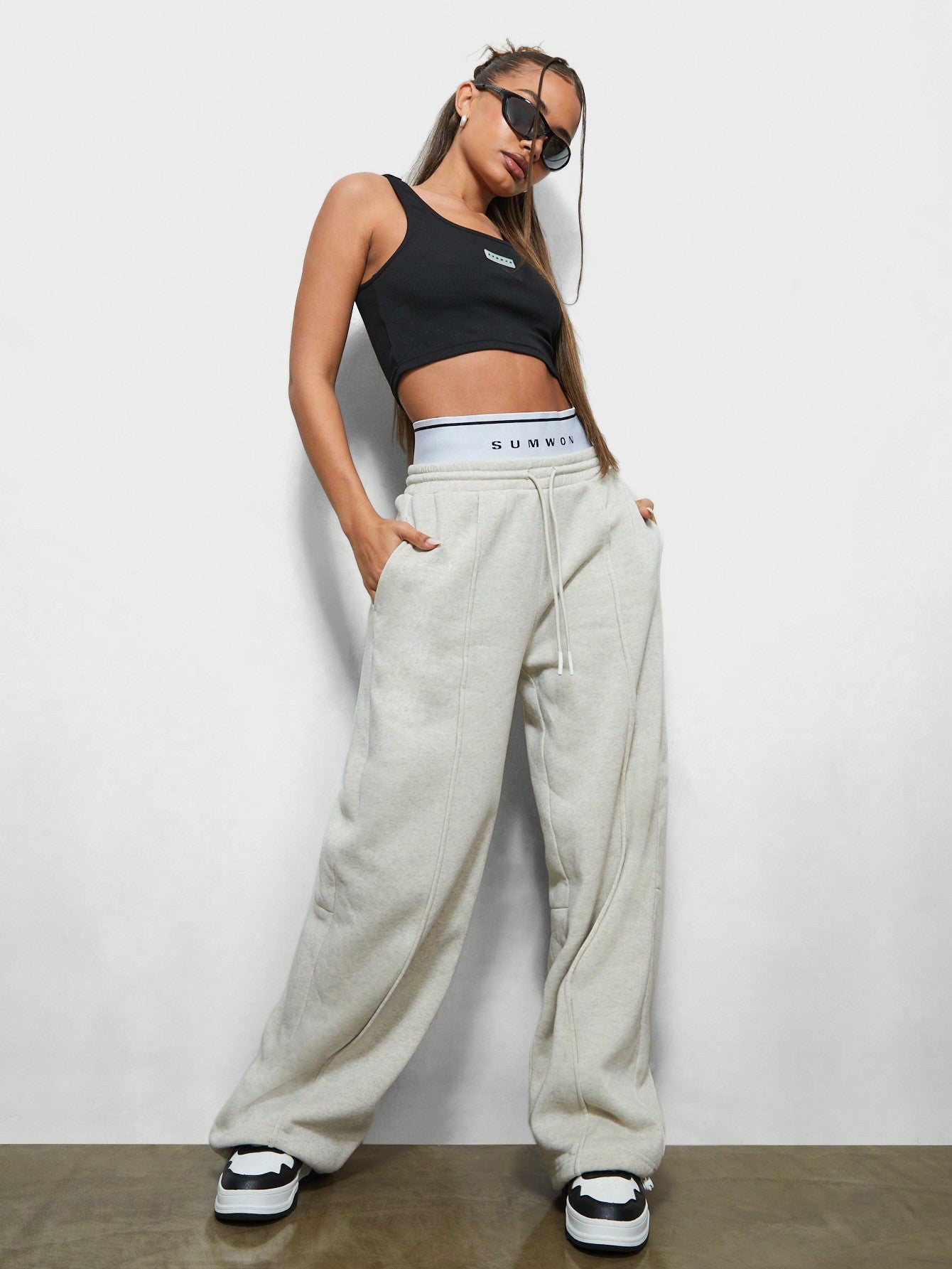 SUMWON WOMEN Straight Leg Sweatpants With Boxer Waistband & Pintucks Detail