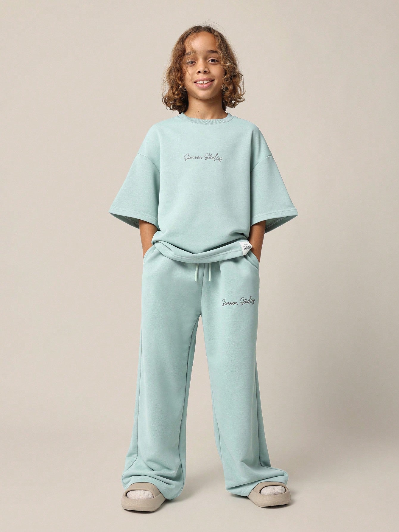 Tween Boys Oversized Elbow Sleeve Tee And Straight Fit Jogger With Embroidery Print 2 Piece Set