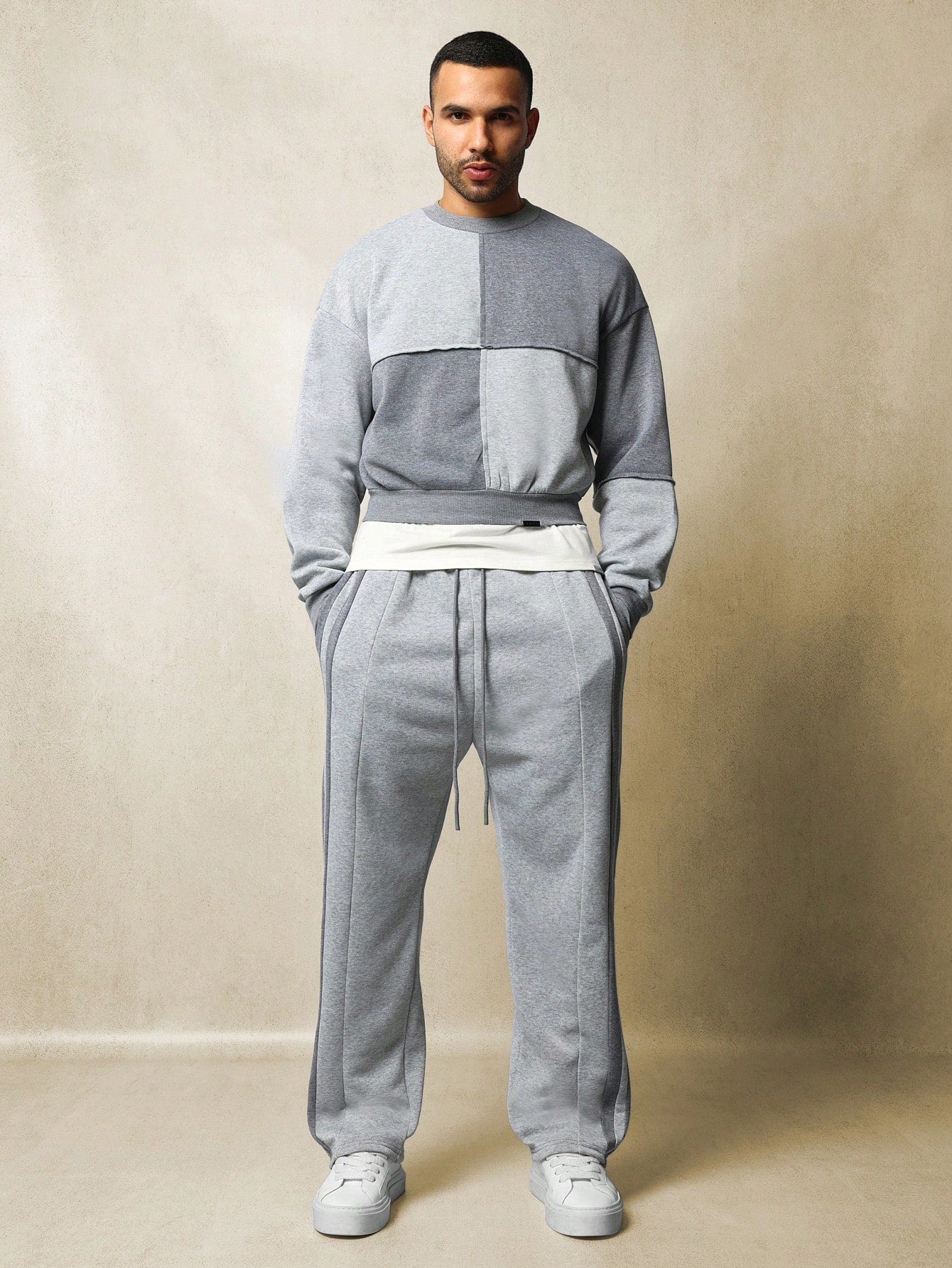 Crop Fit Colour Block Crew Neck Sweatshirt And Drop Crotch Sweatpants 2 Piece Set