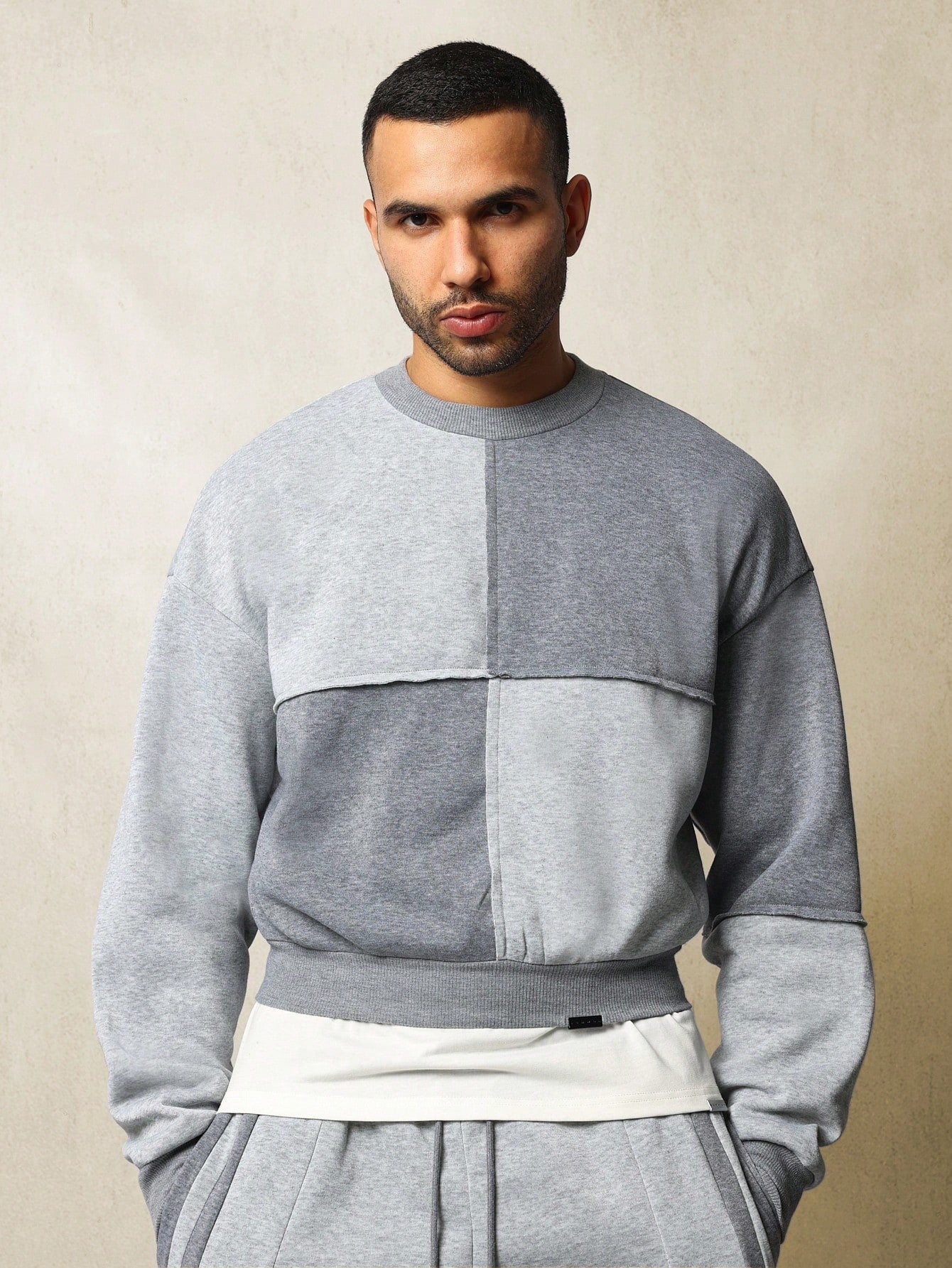 Crop Fit Colour Block Crew Neck Sweatshirt And Drop Crotch Sweatpants 2 Piece Set