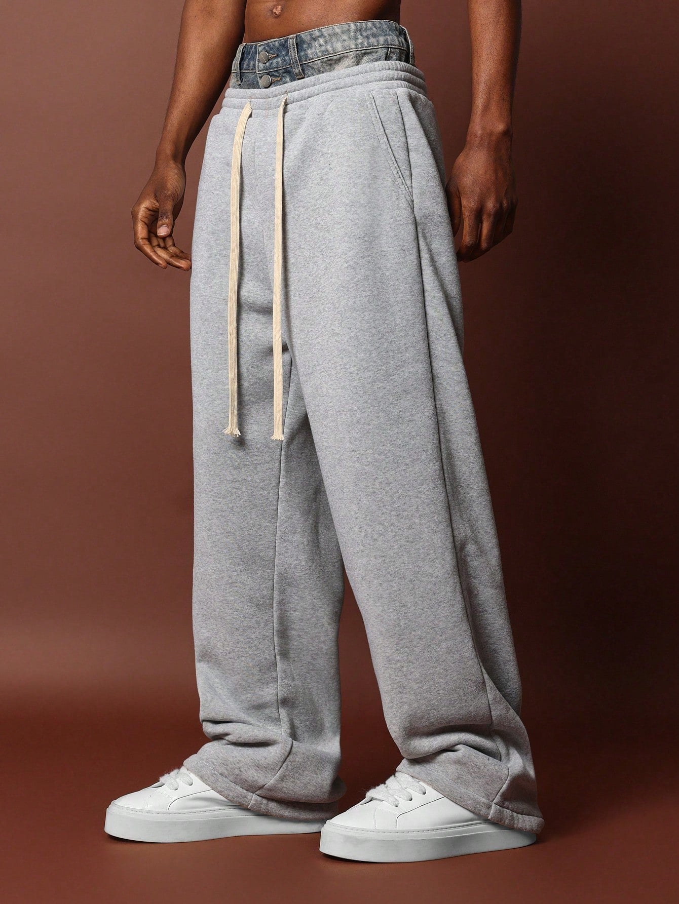 Denim Double Waist Skater Fit Sweatpants With Drawcords