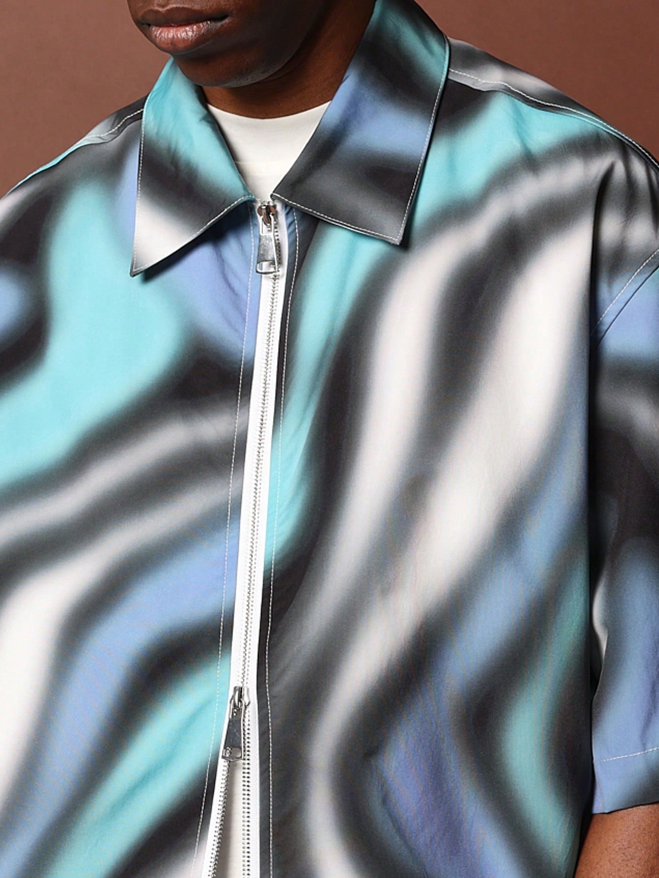 Boxy Fit Revere Collar Swirl Spray Printed Zip-Up Shirt