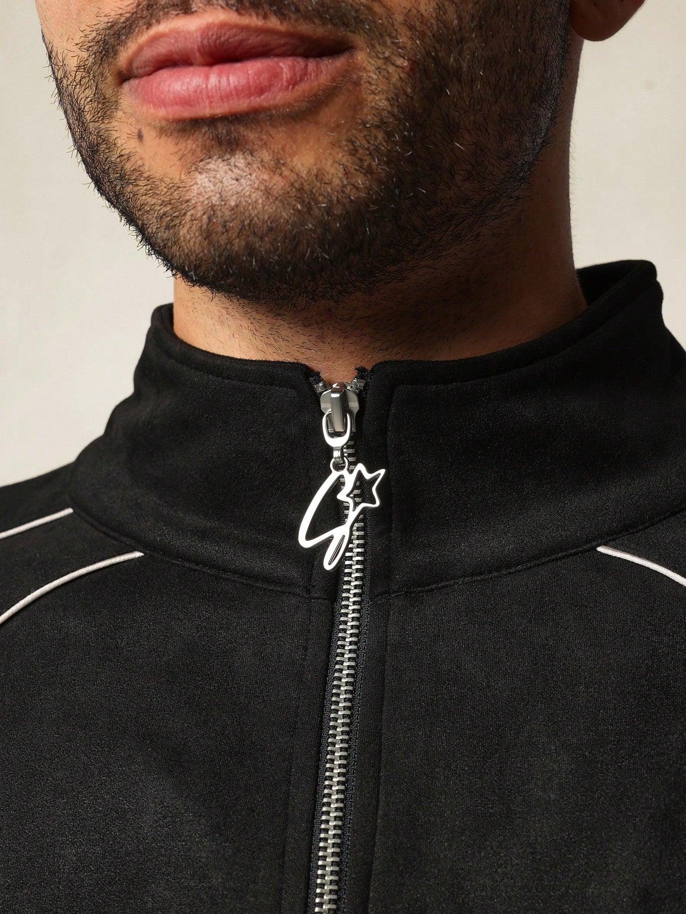 Regular Fit Zip-Up Funnel Neck Sweatshirt With Piping