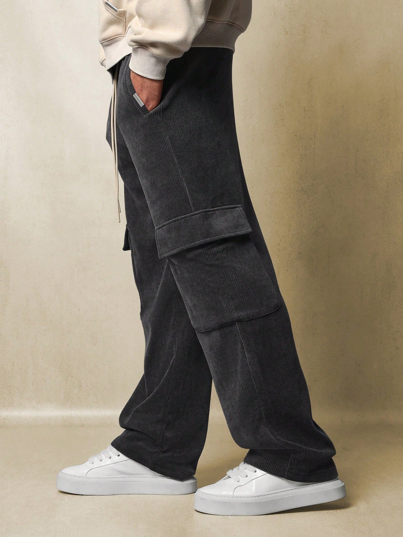 Drop Crotch Textured Cargo Sweatpants With Drawcords