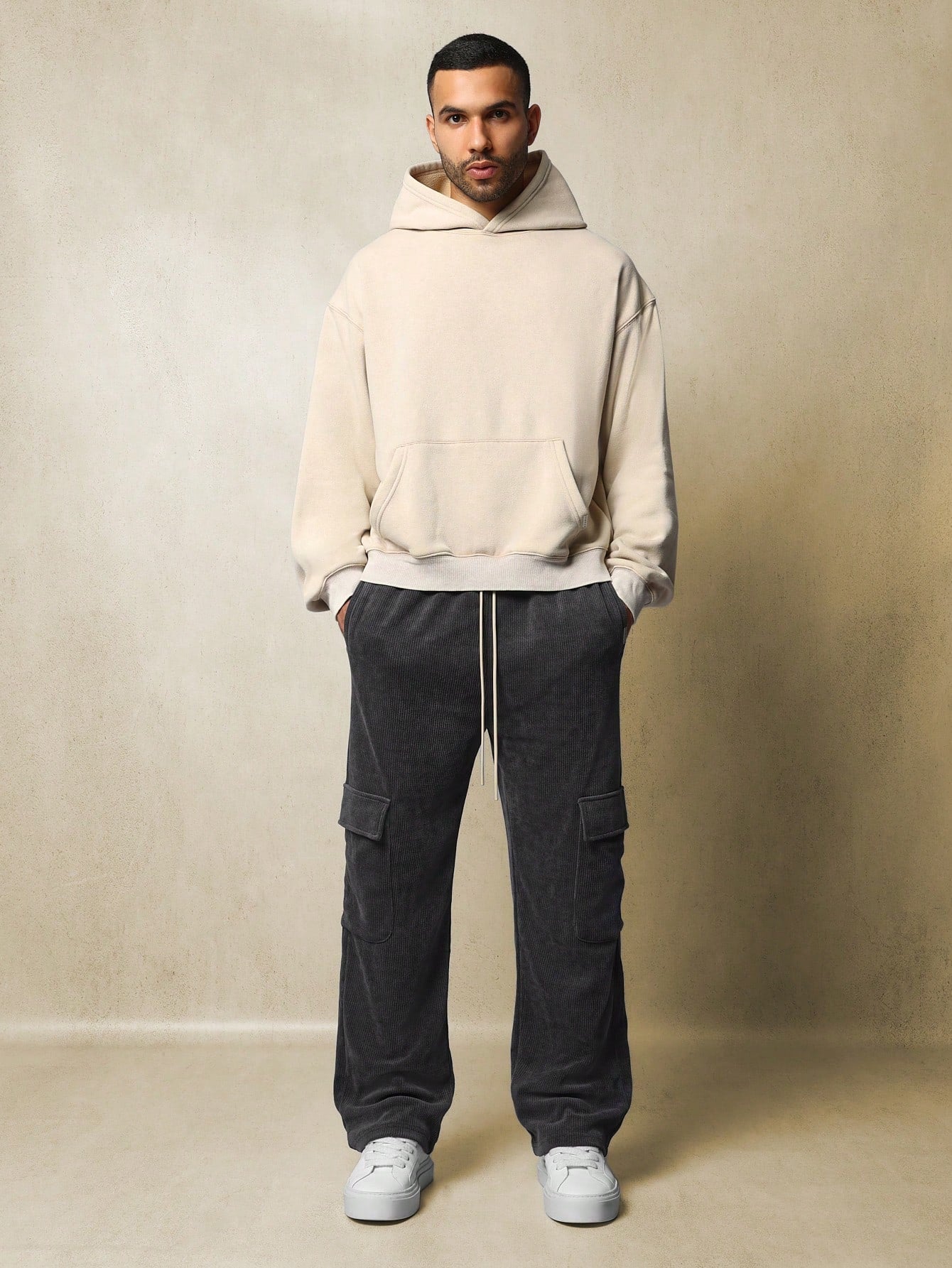 Drop Crotch Textured Cargo Sweatpants With Drawcords