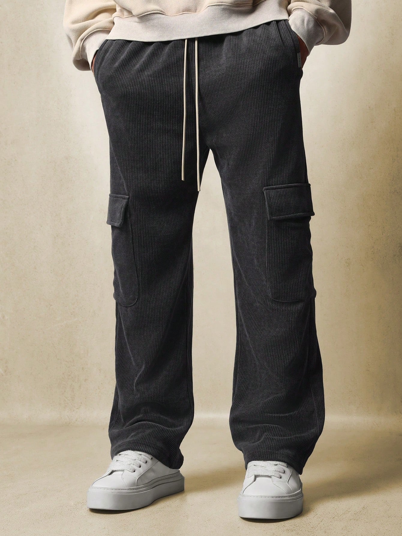 Drop Crotch Textured Cargo Sweatpants With Drawcords