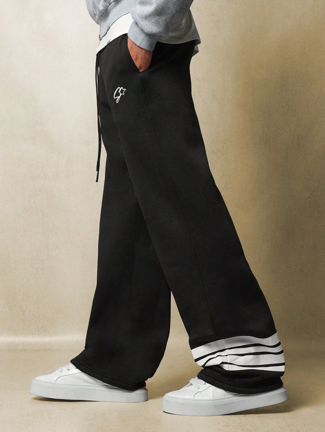 Wide Leg Sweatpants With Embroidery & Stripe Tape