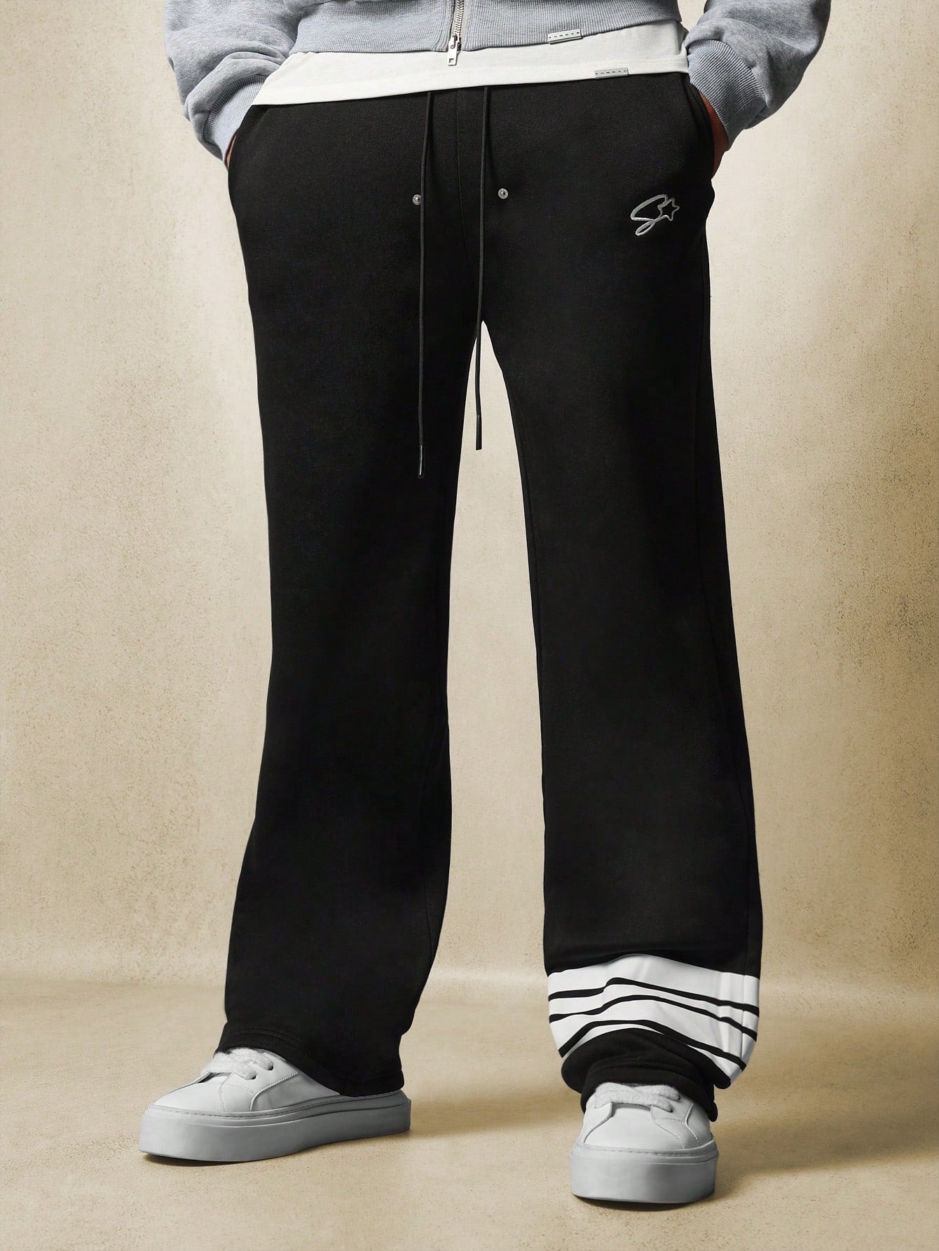 Wide Leg Sweatpants With Embroidery & Stripe Tape