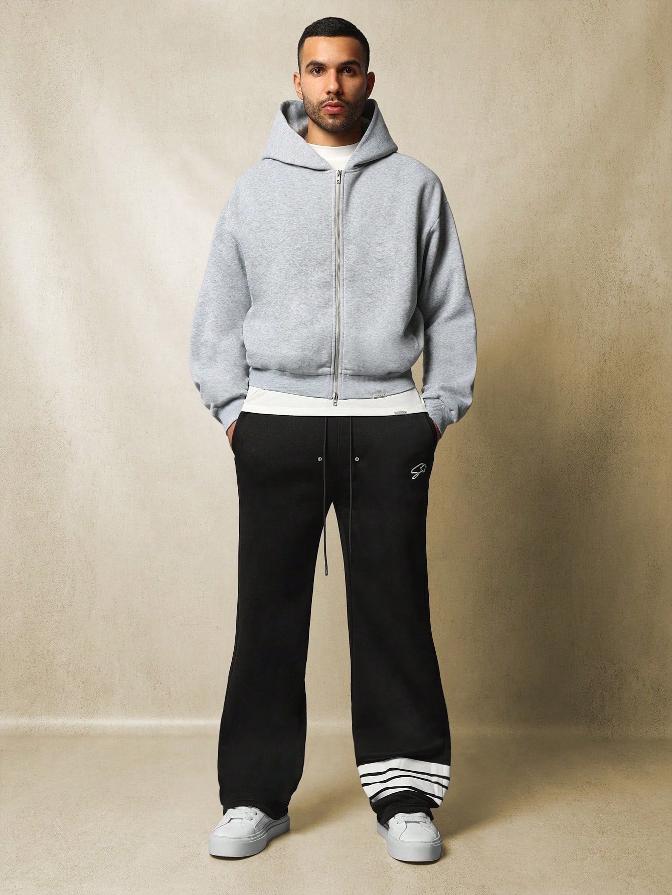 Wide Leg Sweatpants With Embroidery & Stripe Tape