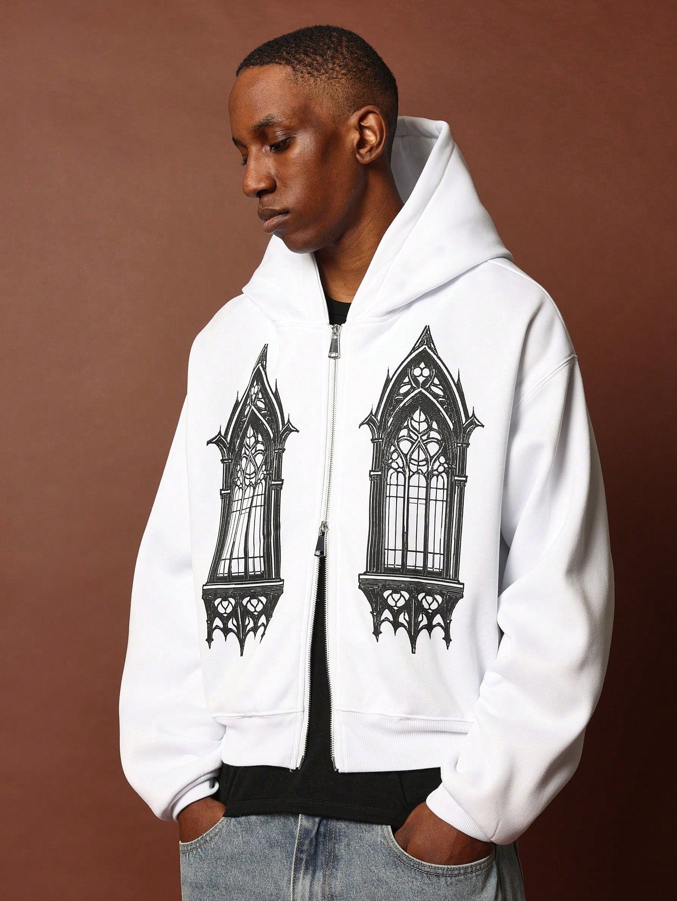 Crop Fit Zip-Up Hoodie With Window Graphic Print