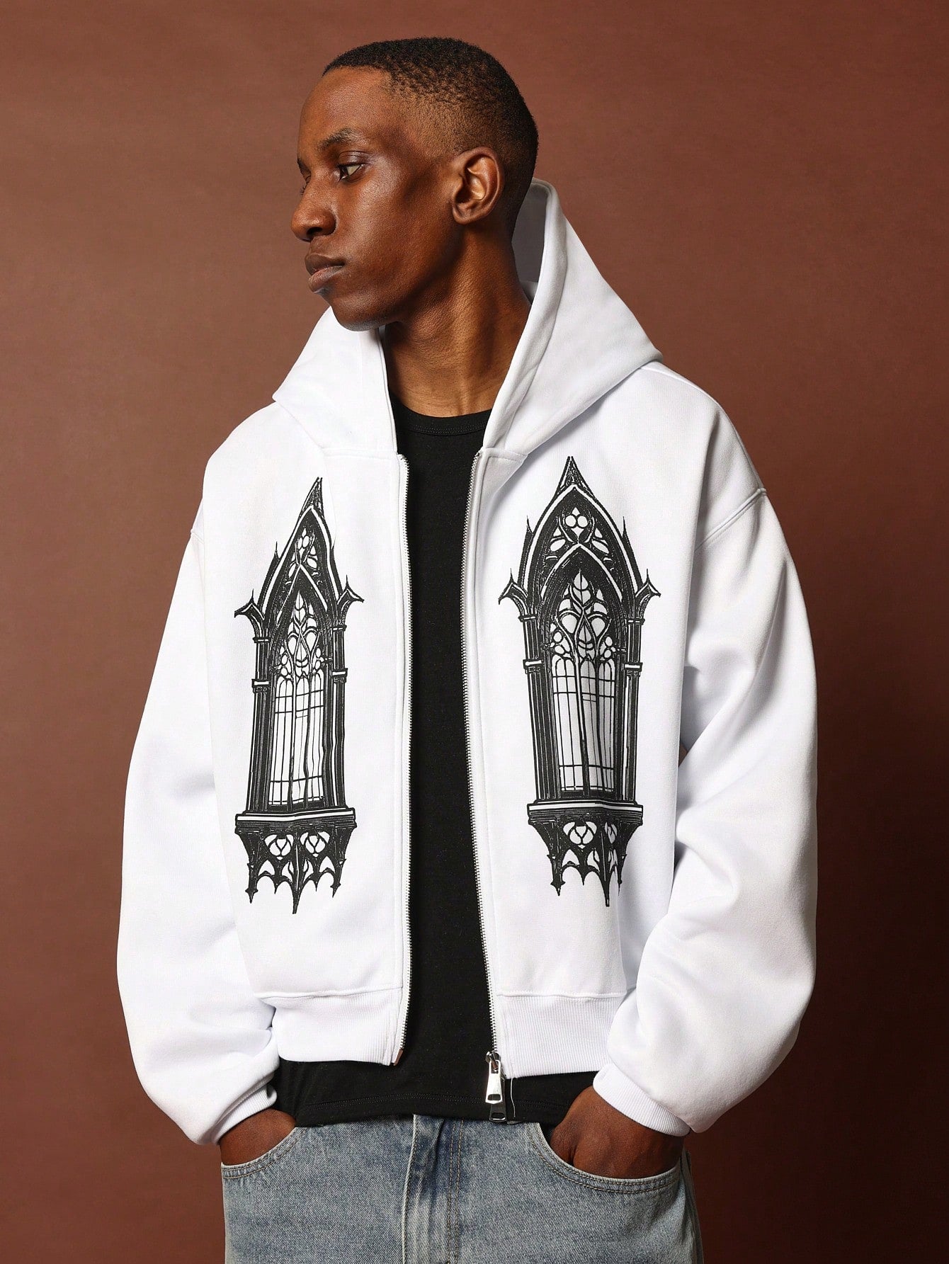 Crop Fit Zip-Up Hoodie With Window Graphic Print