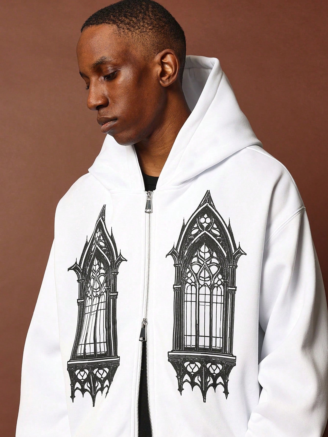 Crop Fit Zip-Up Hoodie With Window Graphic Print