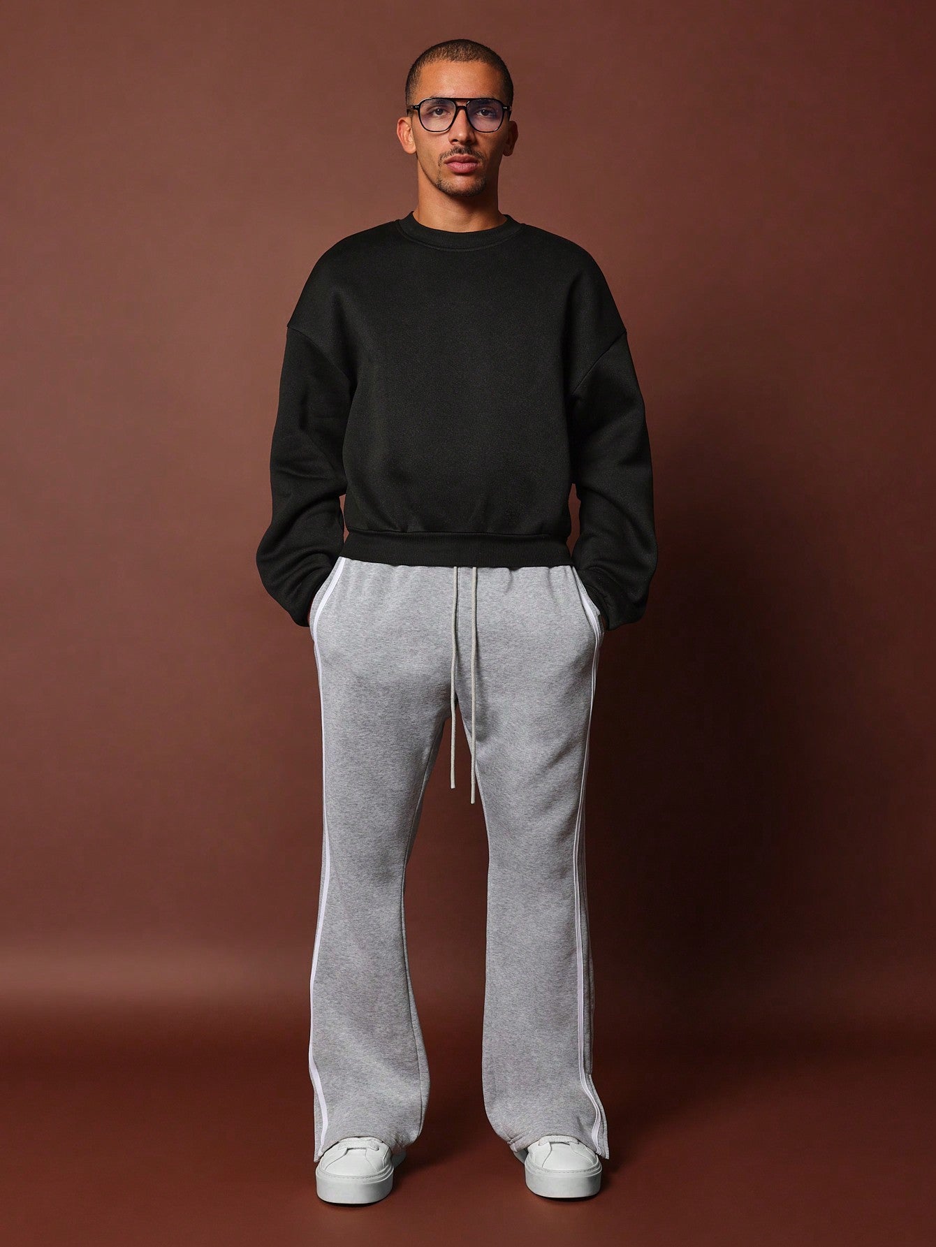 Flare Fit Sweatpants With Split Hem & Stripe Binding