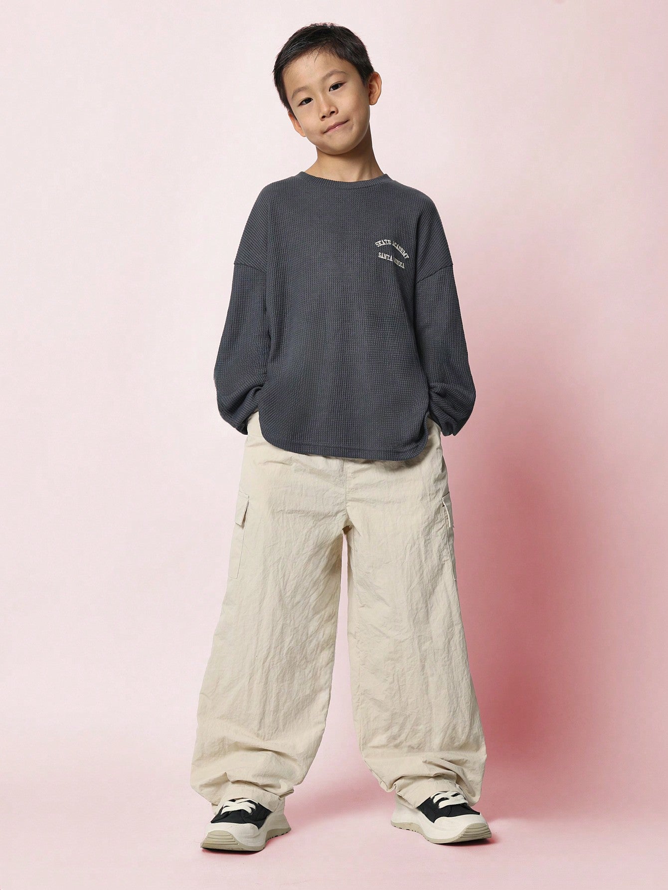 Tween Boys Comfy Regular Fit Long Sleeve Waffle Tee With Small Embroidery Pattern