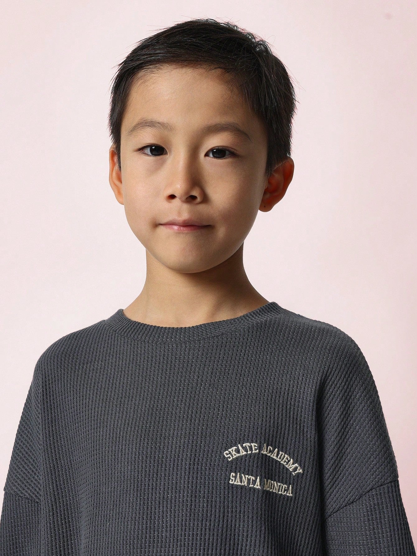 Tween Boys Comfy Regular Fit Long Sleeve Waffle Tee With Small Embroidery Pattern