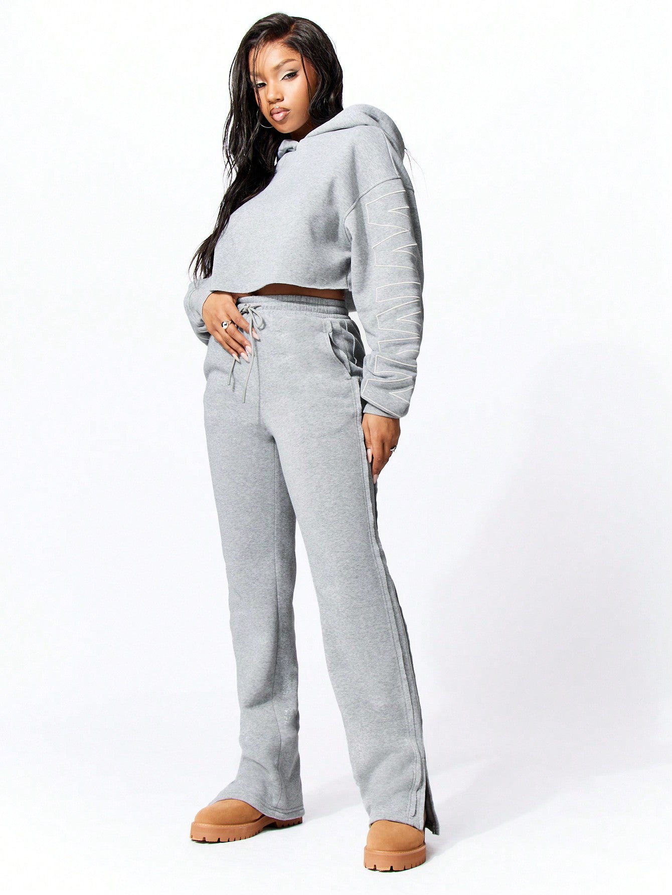 SUMWON WOMEN Crop Graphic Print Hoodie And Flared Jogger With Split Hem Set