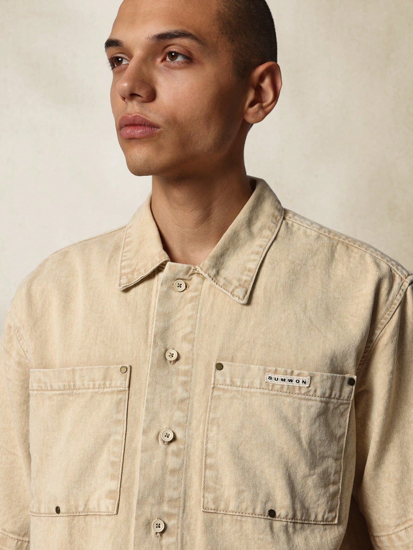 Crop Fit Washed Twill Denim Shirt