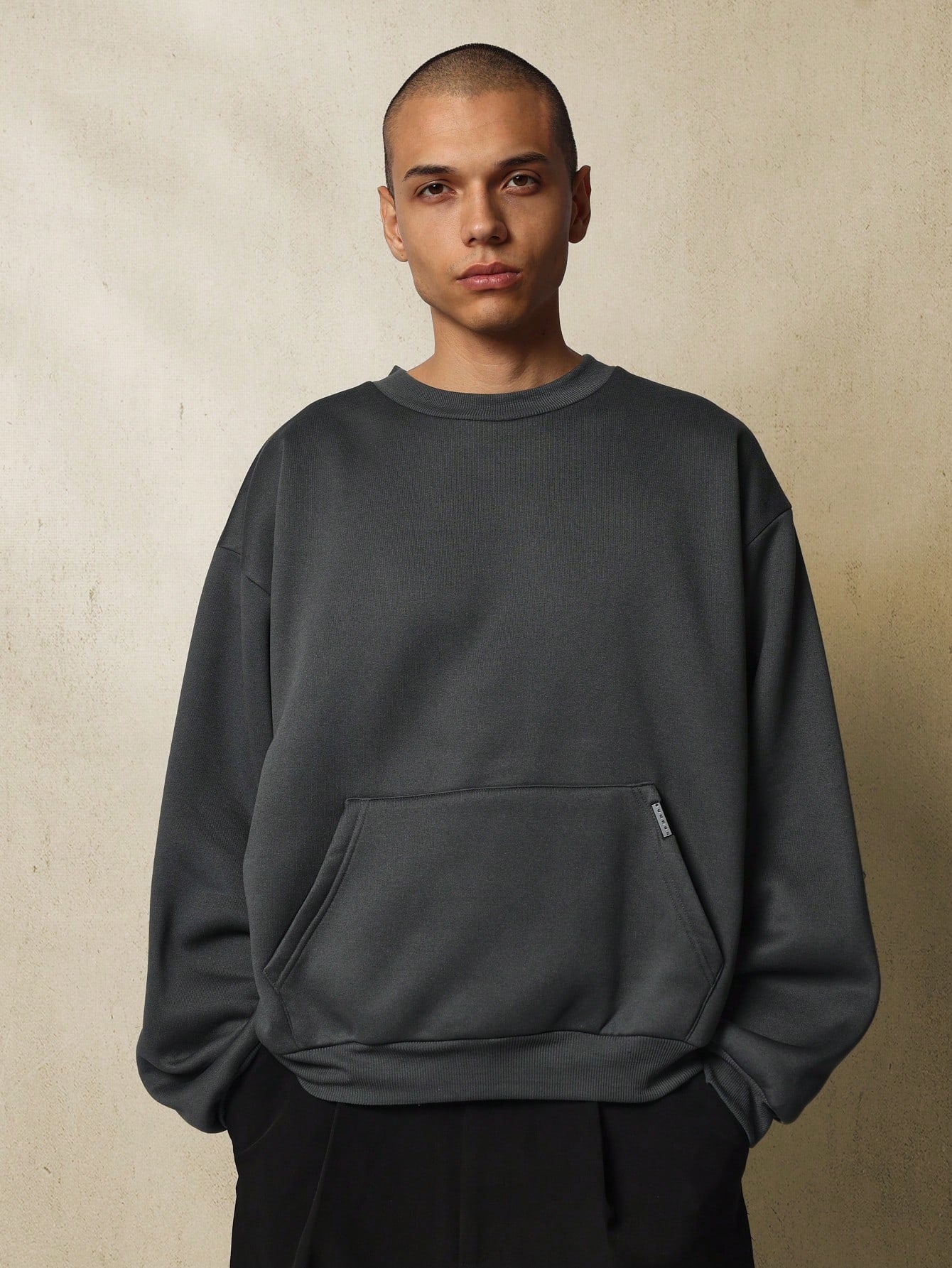 Regular Fit Crew Neck Sweatshirt With Kangaroo Pocket