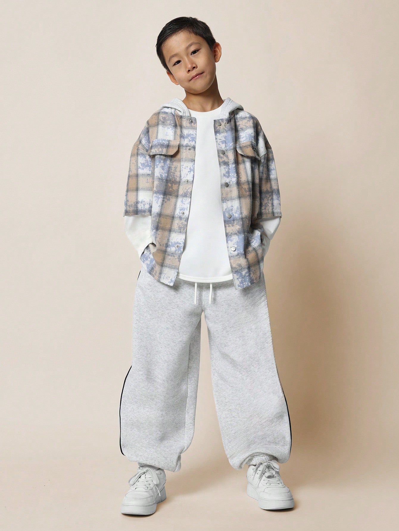 Tween Boys Comfy Mock Layer Check Shirt With Hood & Embroidery And Jogger 2 Piece Set