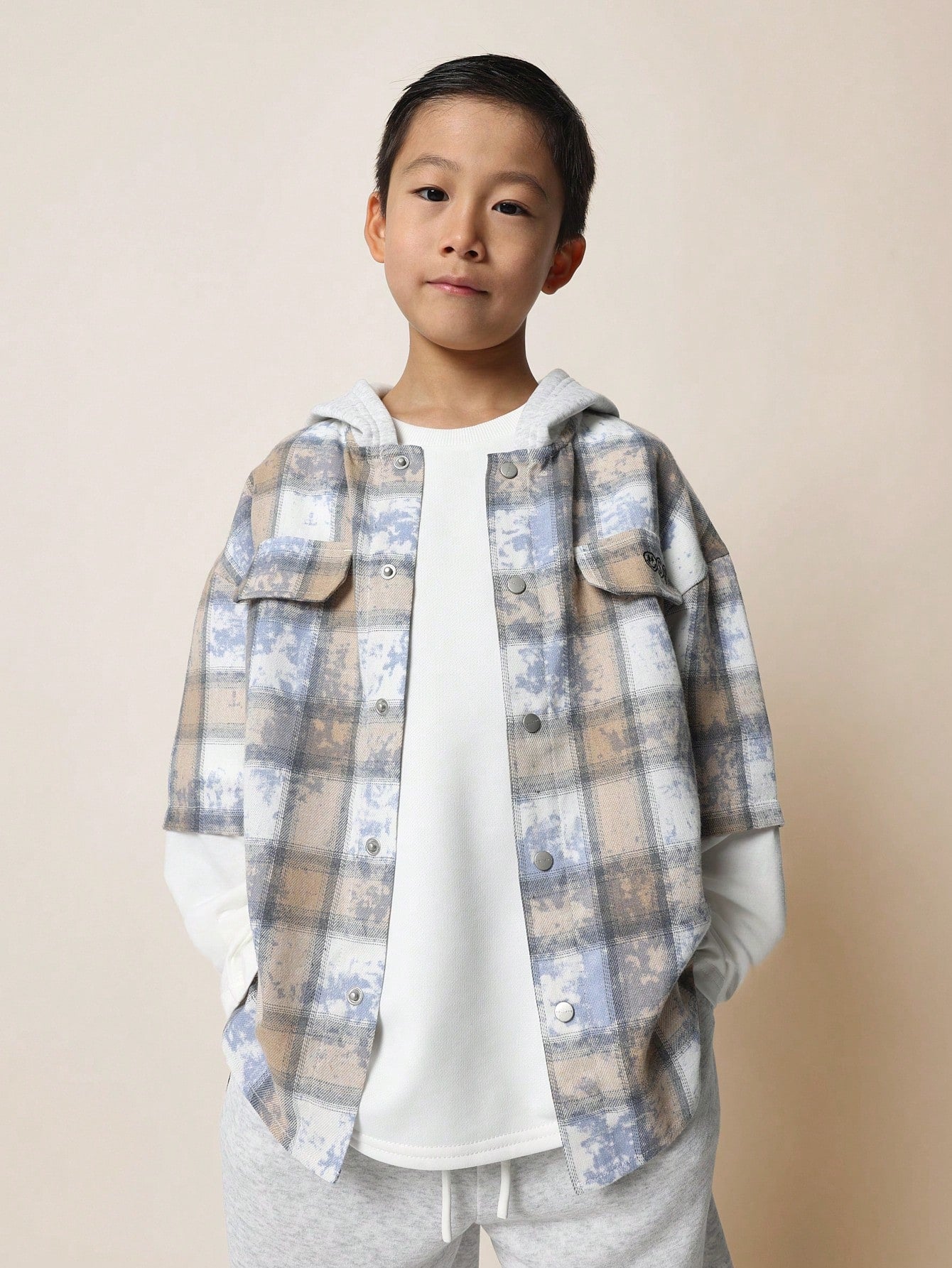 Tween Boys Comfy Mock Layer Check Shirt With Hood & Embroidery And Jogger 2 Piece Set