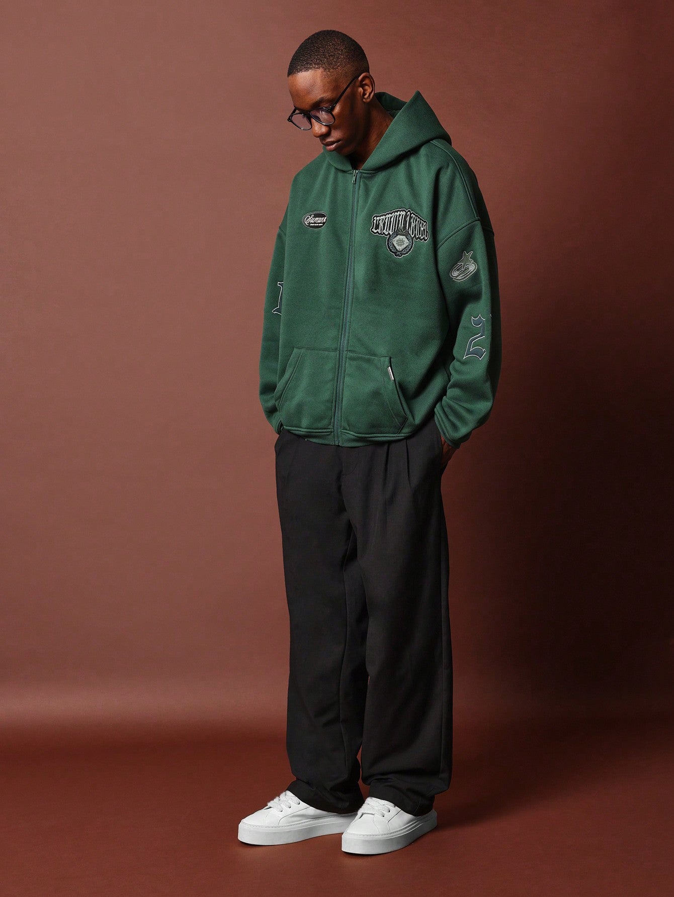 Regular Fit Zip-Up Hoodie With Embroidered Applique