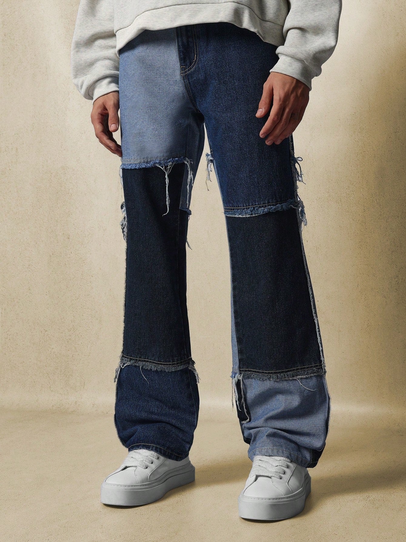 Flare Fit Patchwork Raw Edge Jean