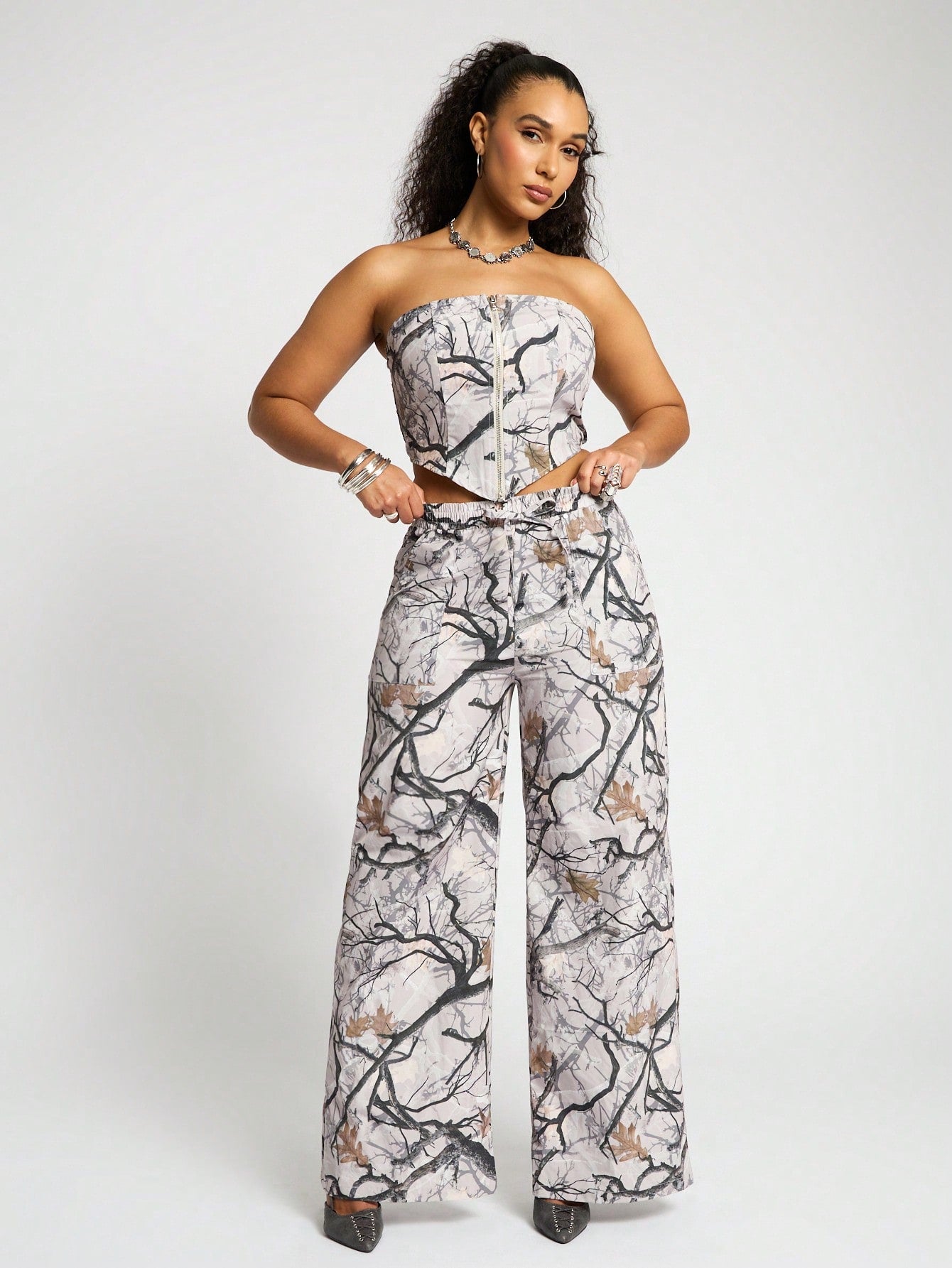 SUMWON WOMEN Printed Nylon Bandeau Crop Top And Wide Leg Trouser Set