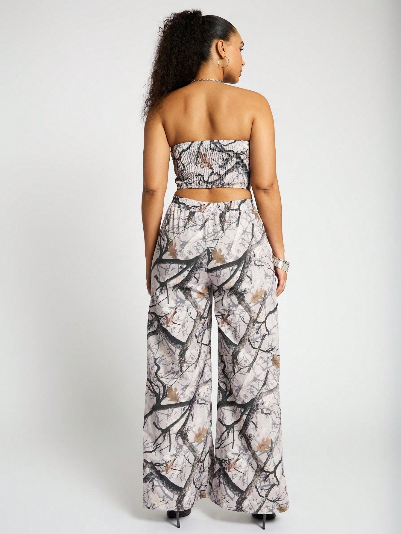 SUMWON WOMEN Printed Nylon Bandeau Crop Top And Wide Leg Trouser Set