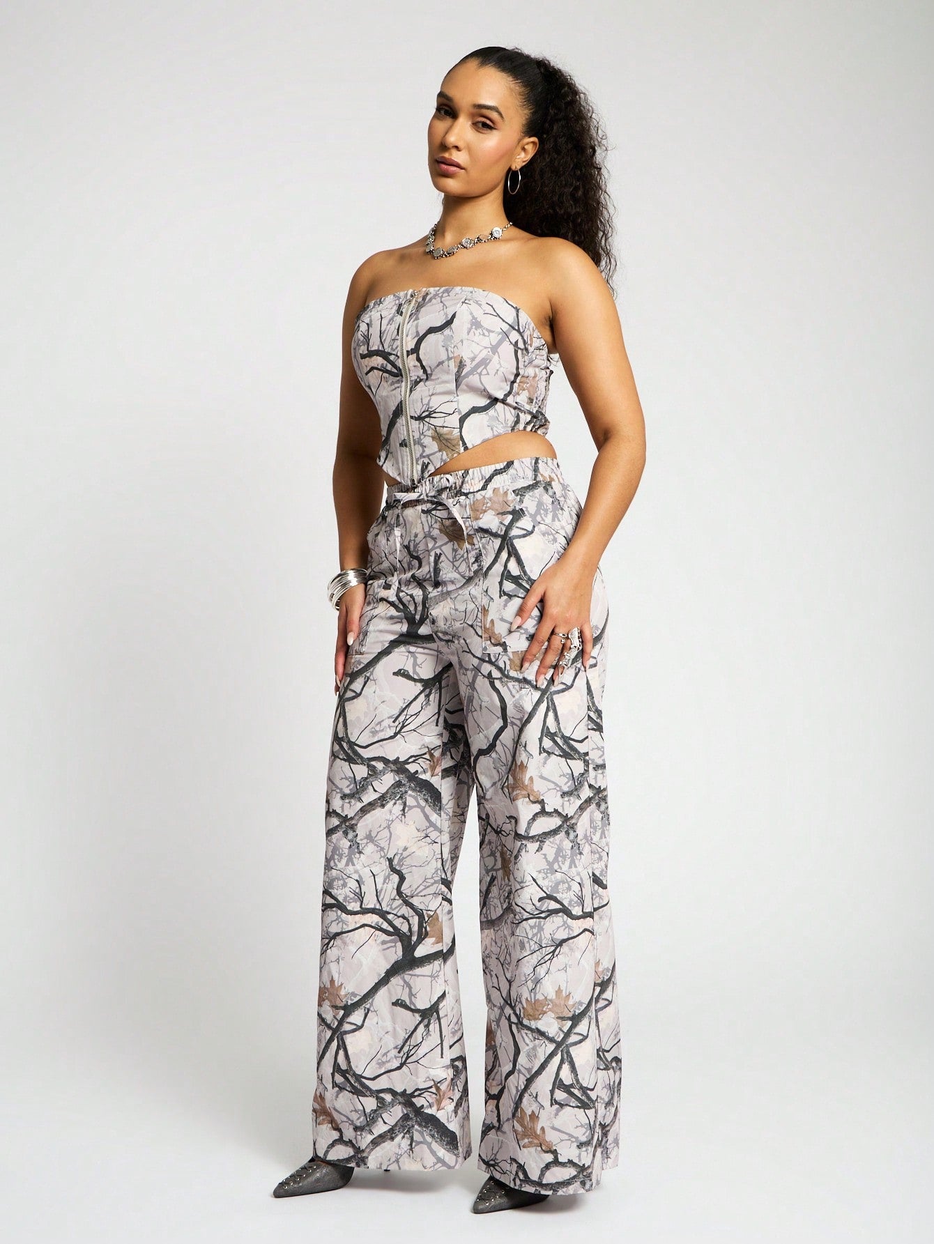 SUMWON WOMEN Printed Nylon Bandeau Crop Top And Wide Leg Trouser Set