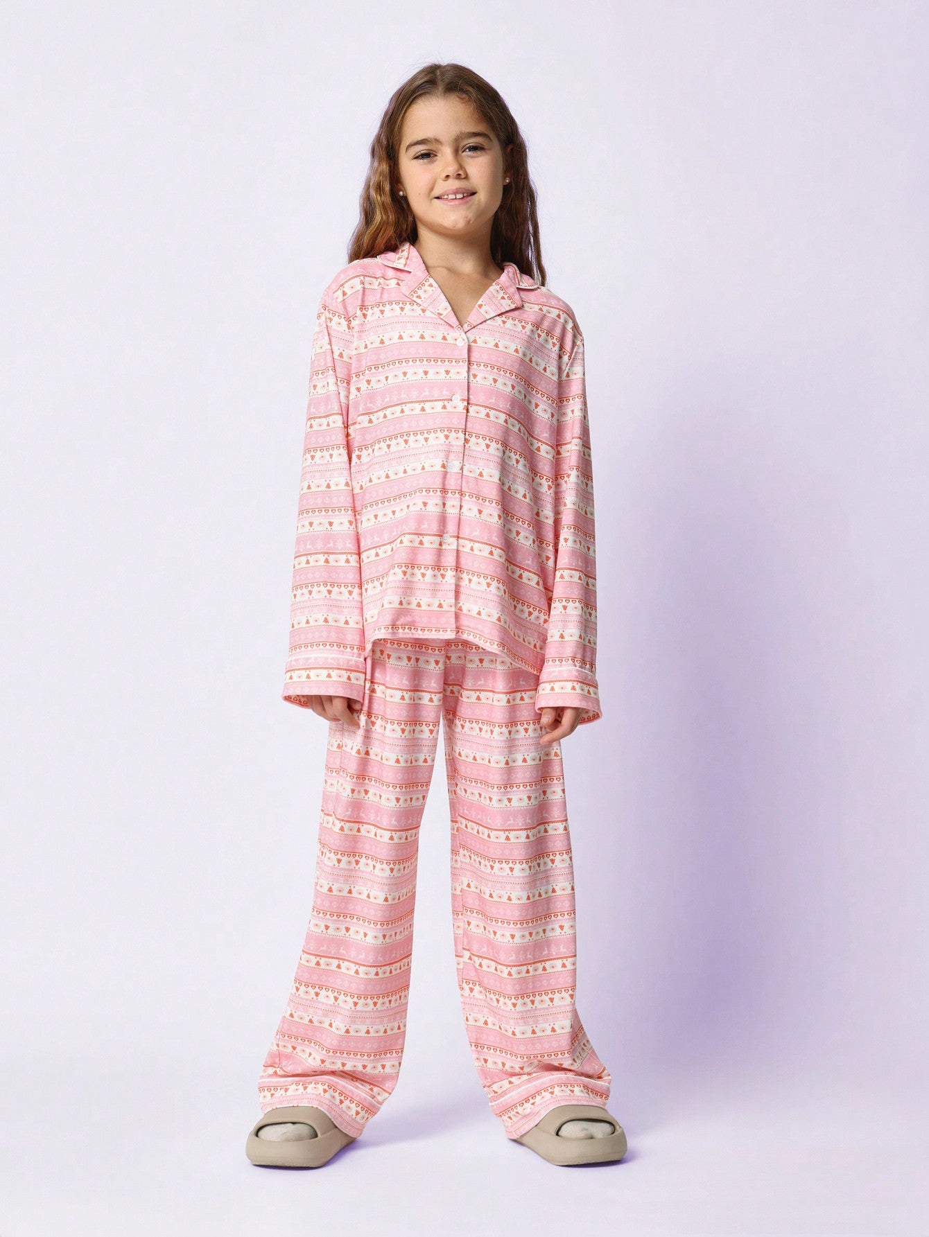 Tween Girls Comfy Regular Fit Long Sleeve Christmas Fair Isle Printed Shirt And Pant 2 Piece Pyjama Set