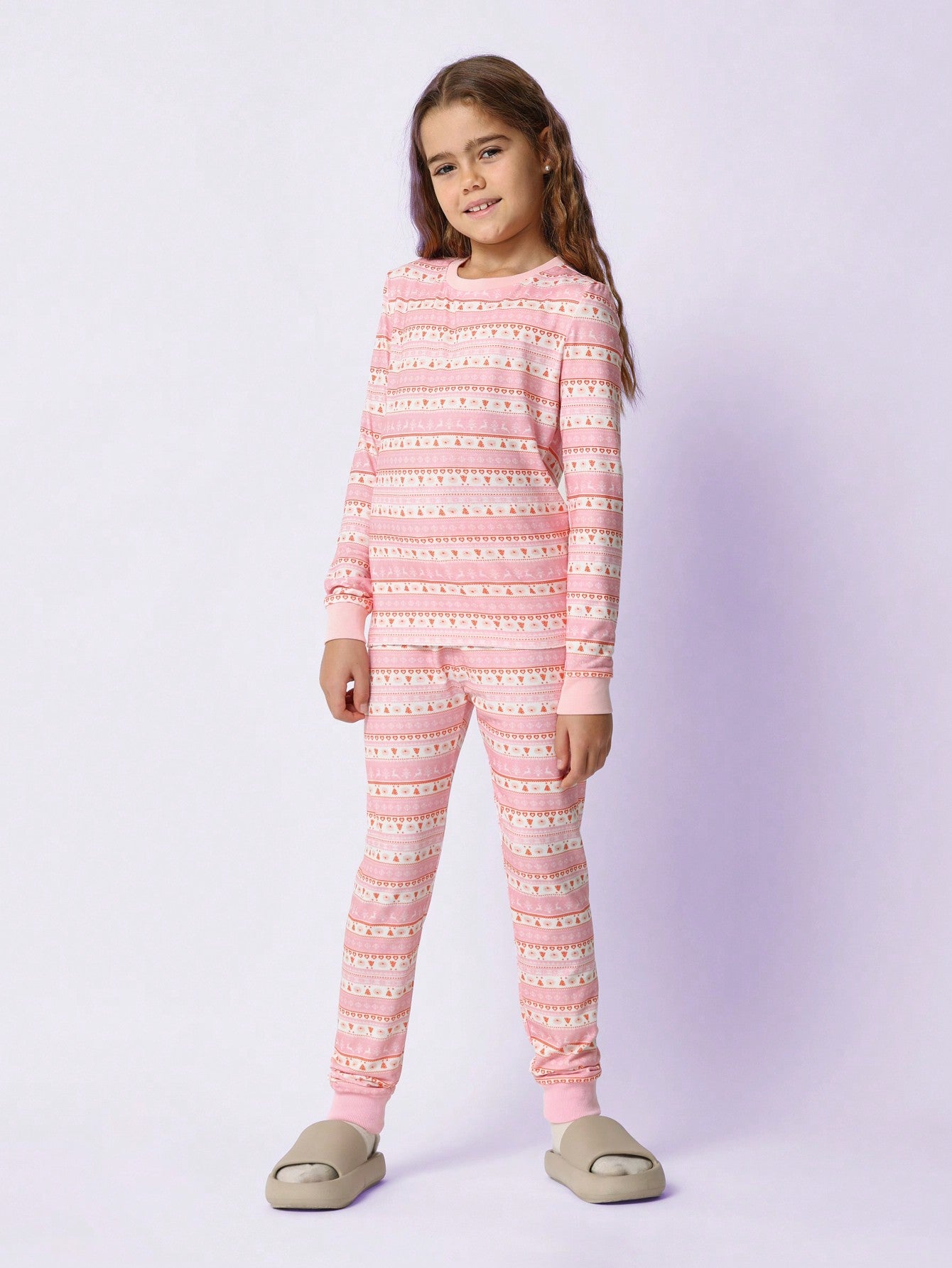 Tween Girls Comfy Pink Christmas Fair Isle Printed Long Sleeve Tee And Jogger Pant 2 Piece Pyjama Set