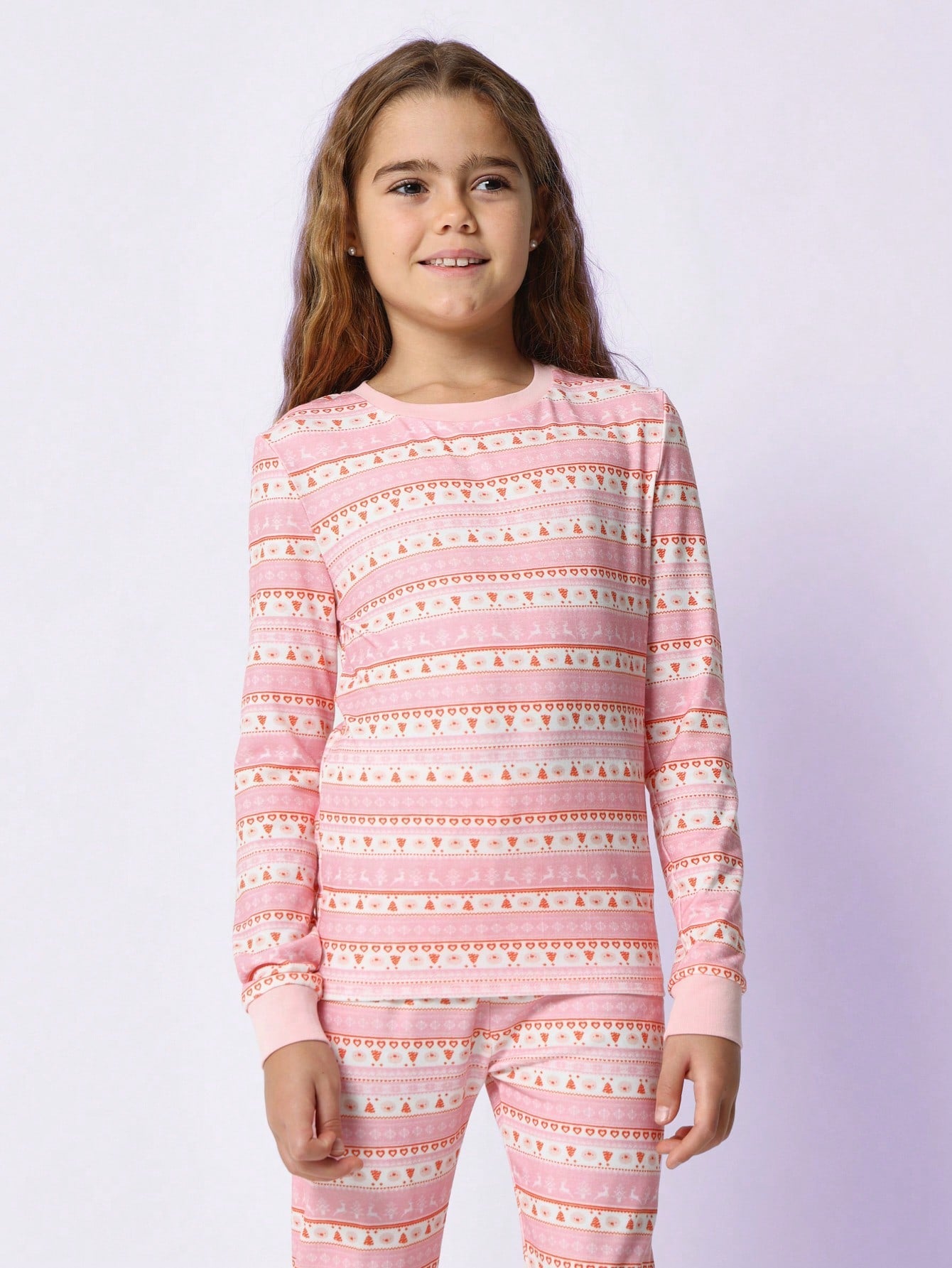 Tween Girls Comfy Pink Christmas Fair Isle Printed Long Sleeve Tee And Jogger Pant 2 Piece Pyjama Set