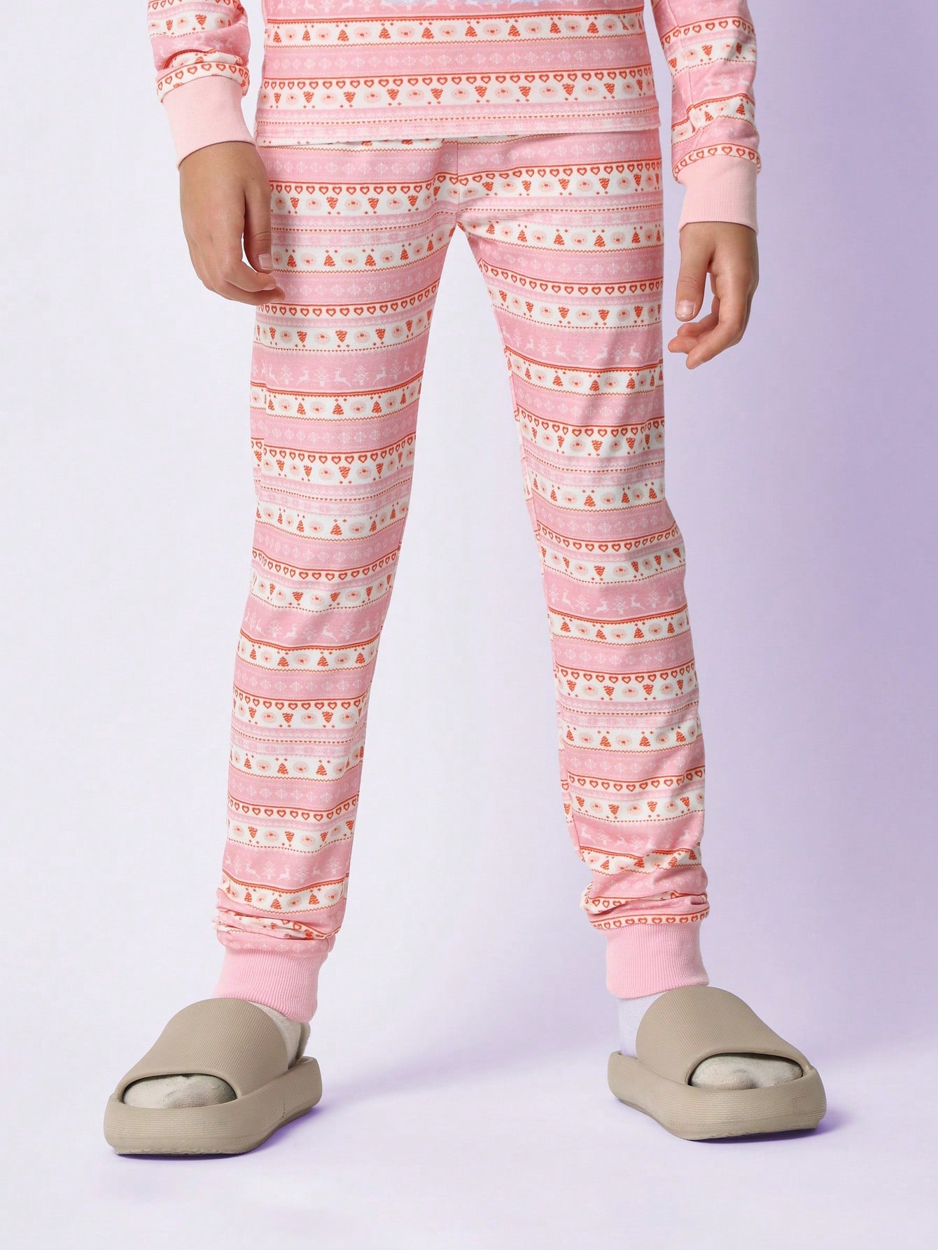 Tween Girls Comfy Pink Christmas Fair Isle Printed Long Sleeve Tee And Jogger Pant 2 Piece Pyjama Set