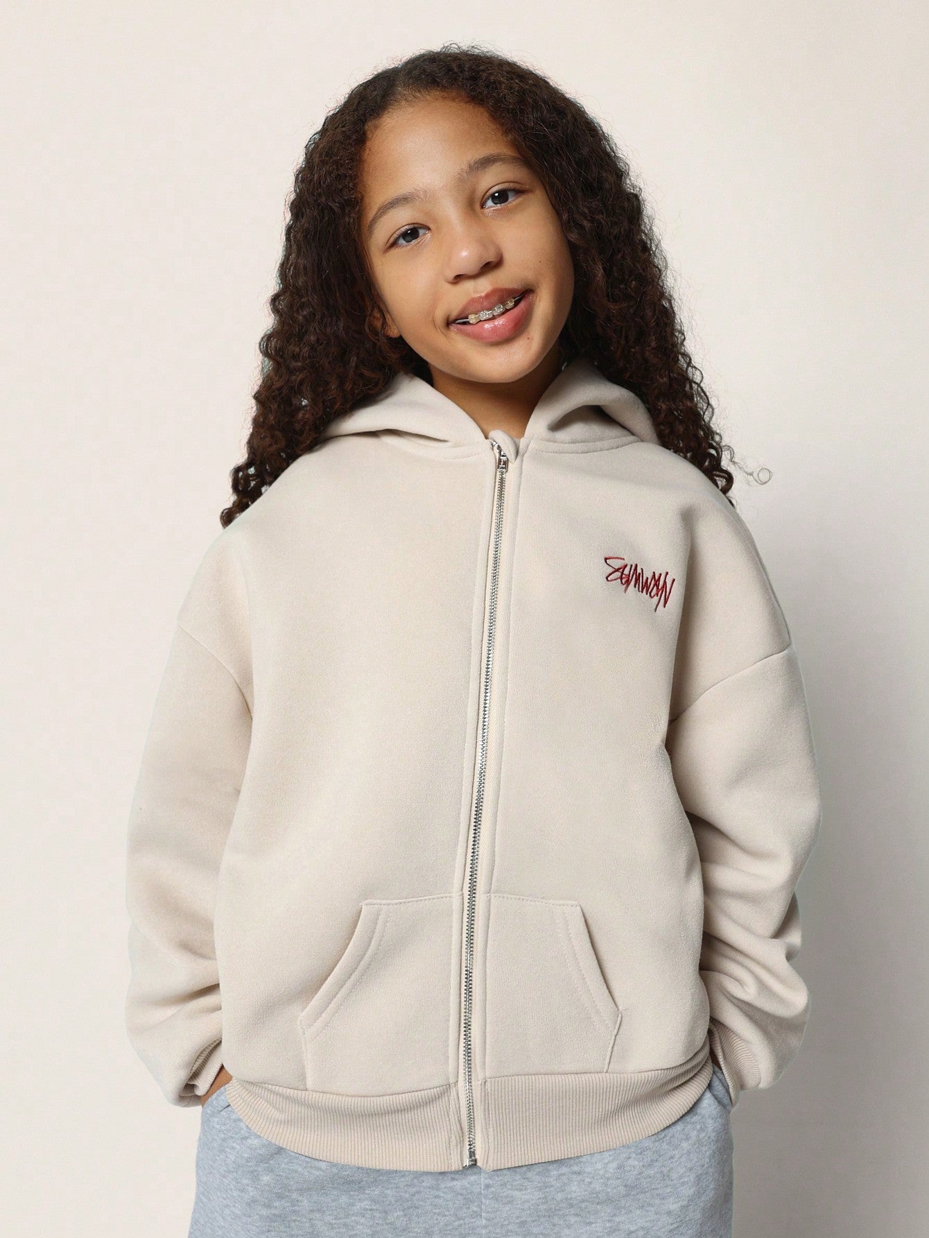 Tween Girls Regular Fit Carpenter Zip Through Hoodie With Small Embroidery