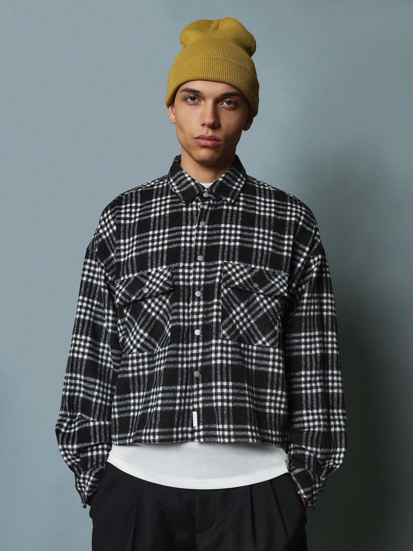 Crop Fit Checked Overshirt With Back Graphic Print