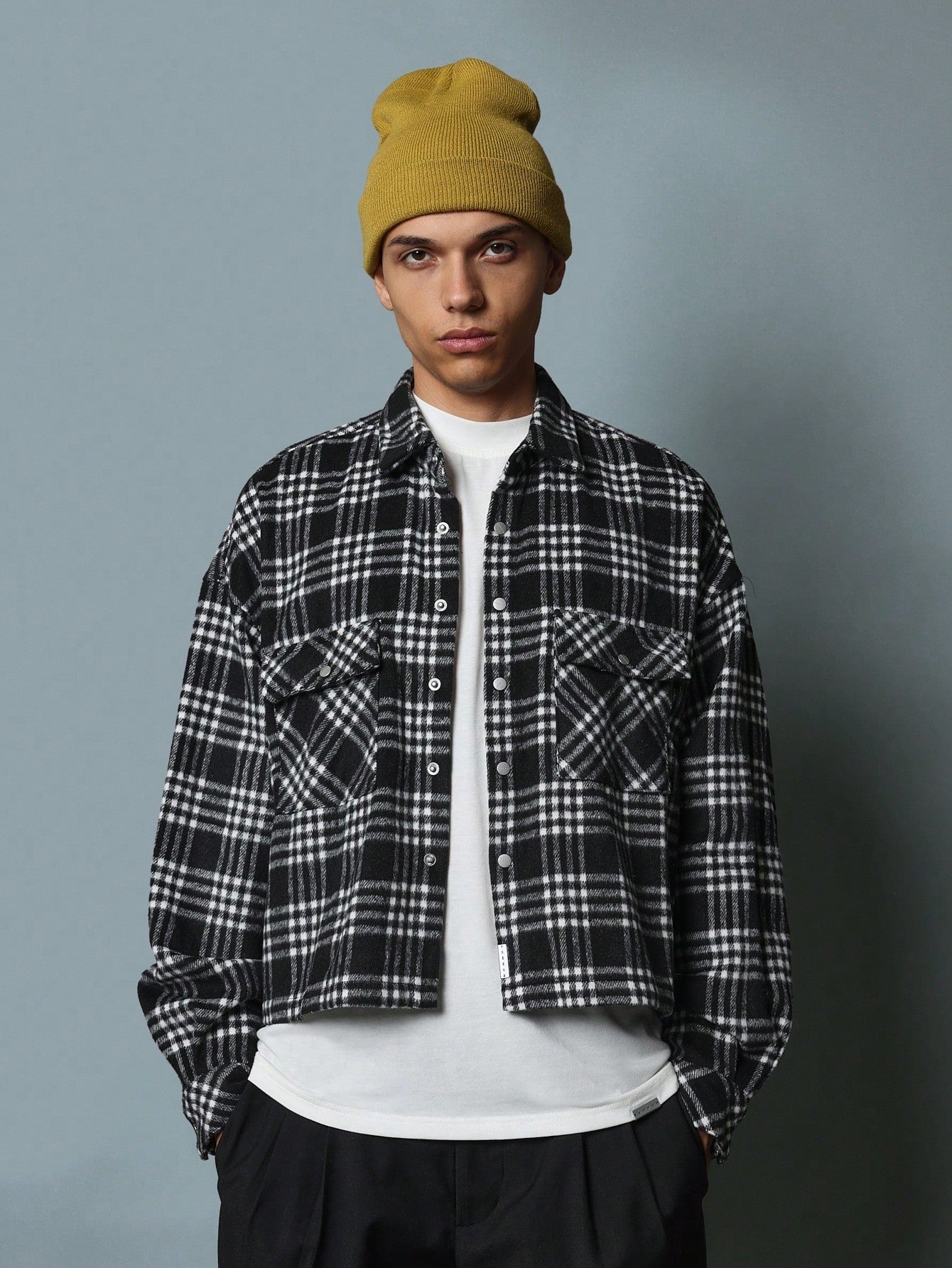 Crop Fit Checked Overshirt With Back Graphic Print