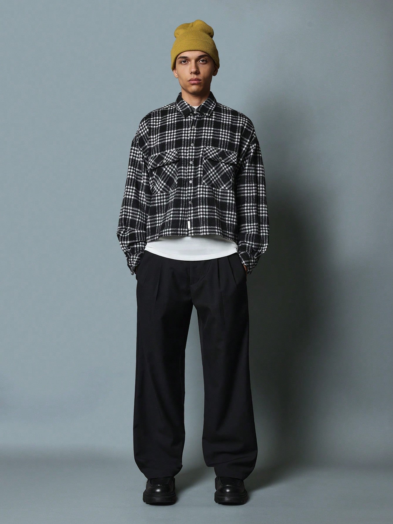 Crop Fit Checked Overshirt With Back Graphic Print