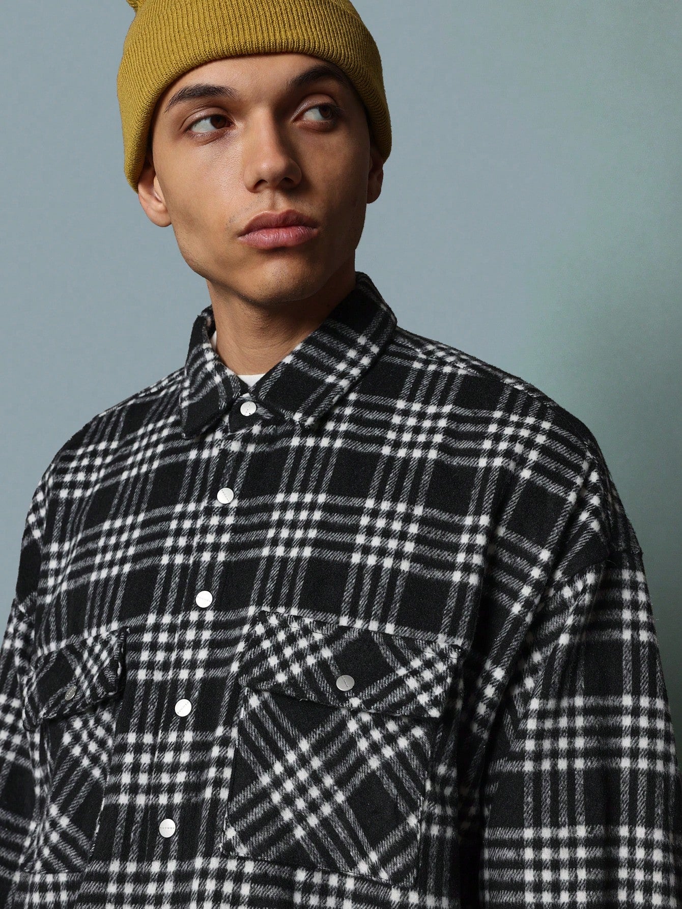 Crop Fit Checked Overshirt With Back Graphic Print