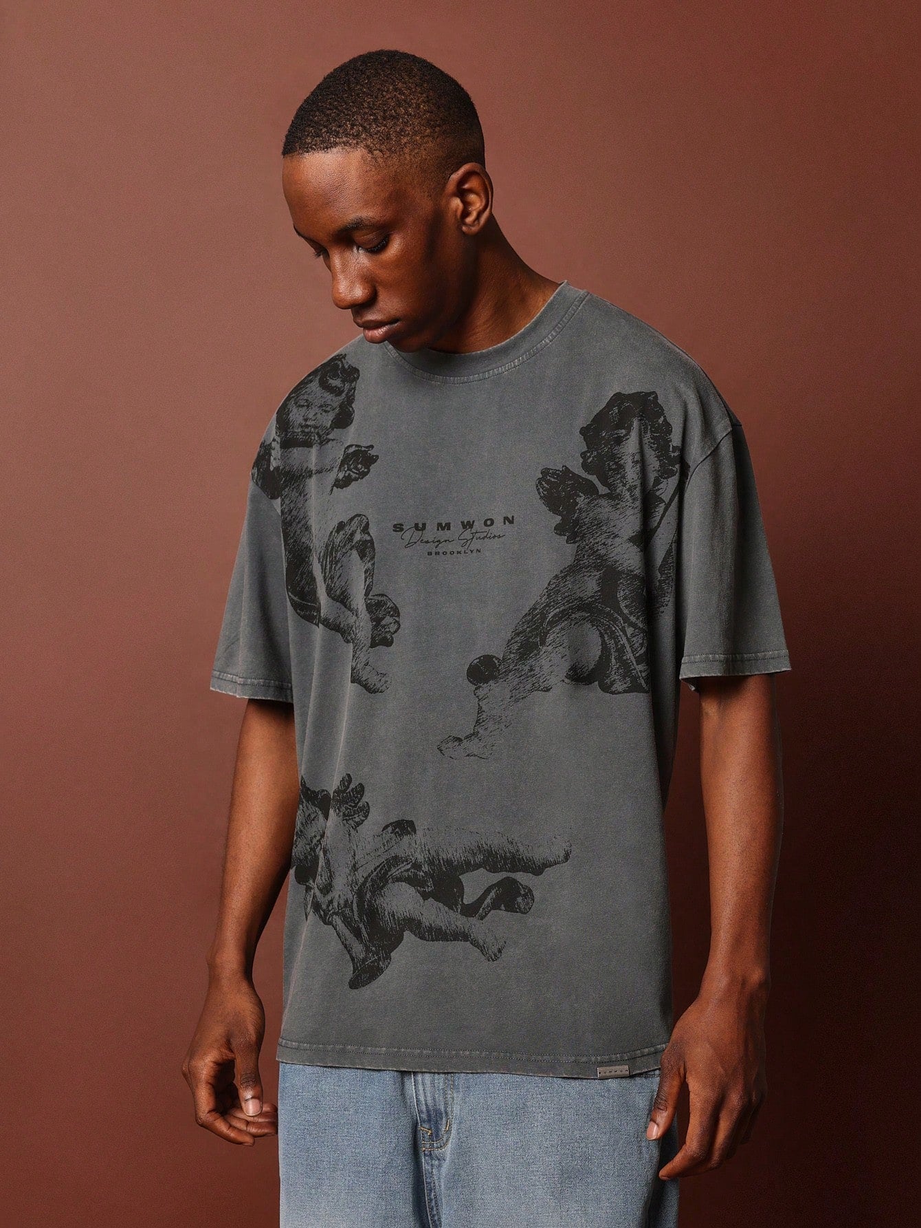 Regular Fit Short Sleeve Washed Tee With Cherub Graphic Print