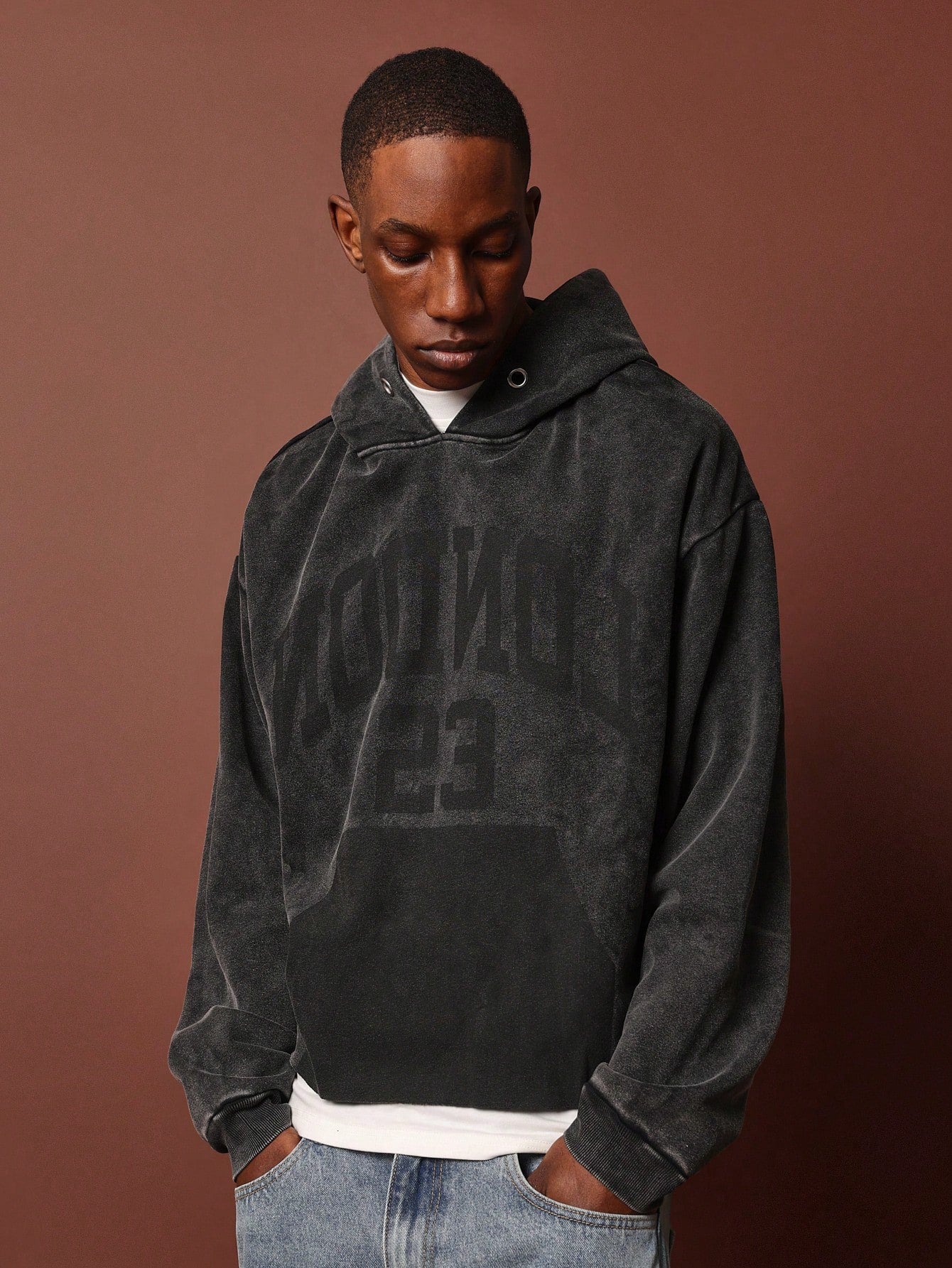 Washed Oversized Overhead Hoodie With London Graphic Print