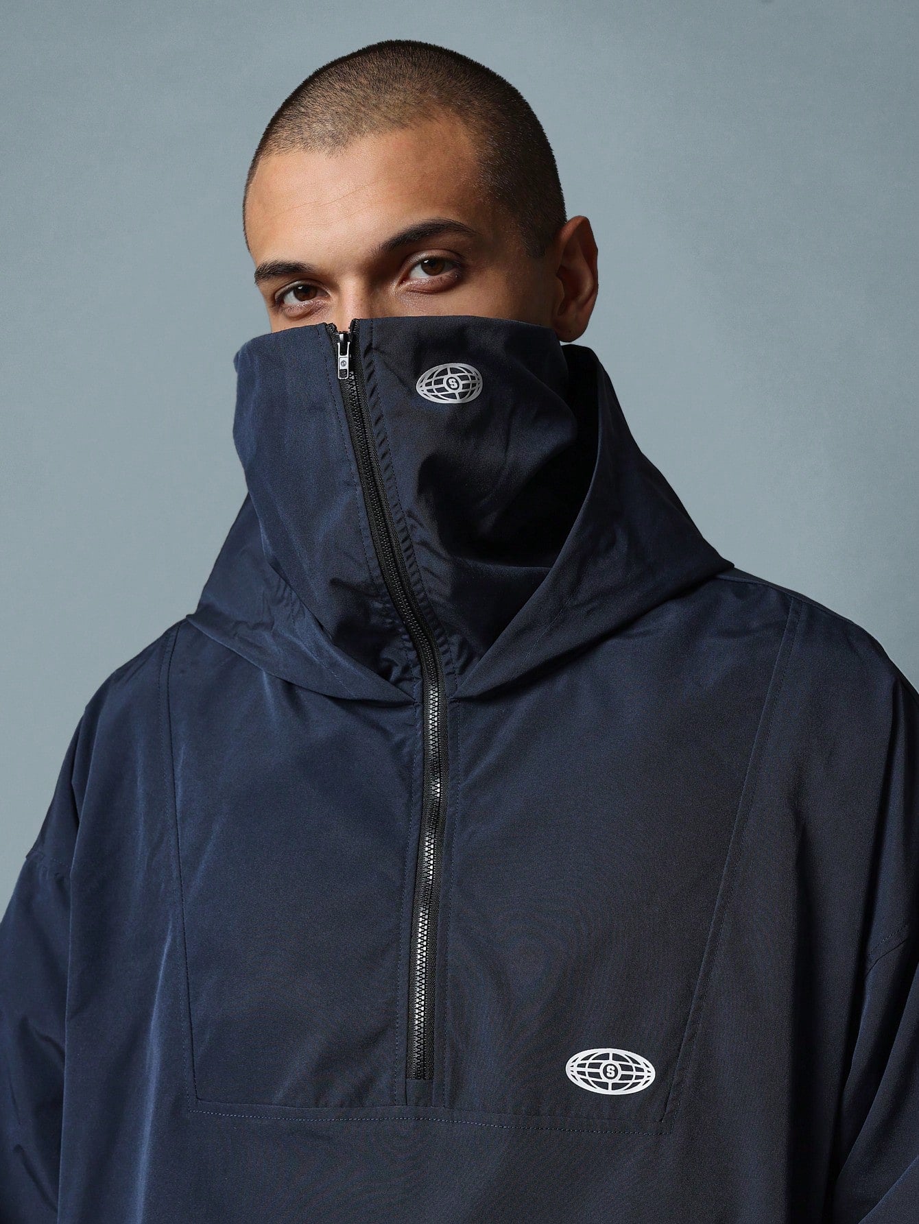 Regular Fit Nylon Half Zip Mask Hoodie With Graphic Print